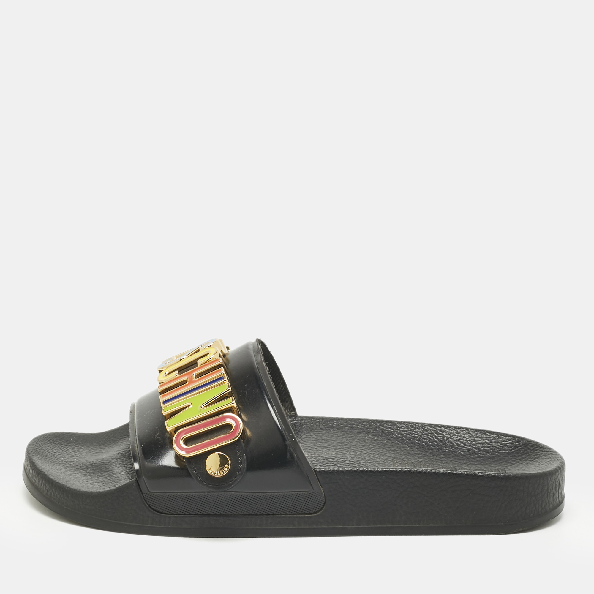 

Moschino Black Rubber Logo Flat Slides Size