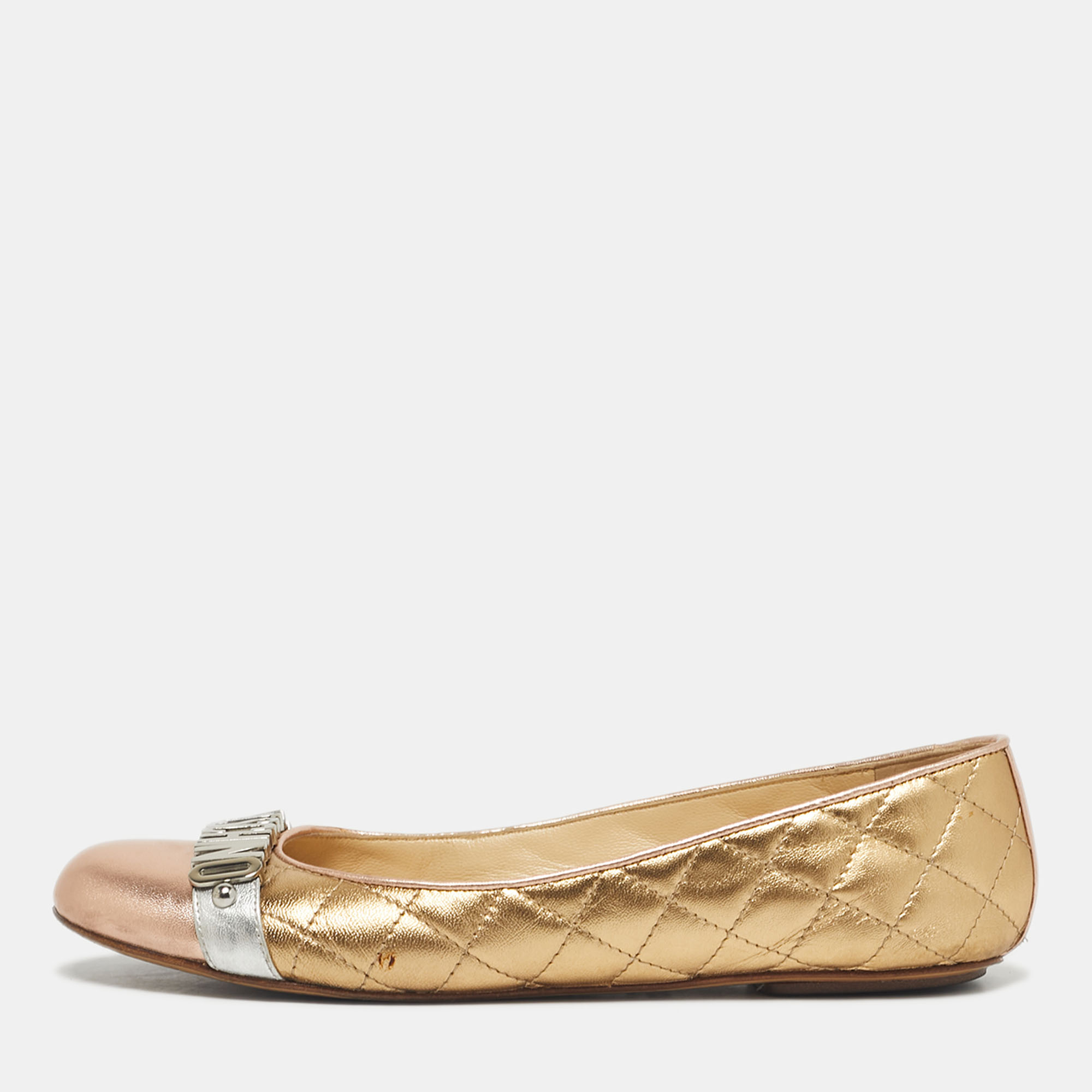 Pre-owned Moschino Gold Leather Logo Embellished Ballet Flats Size 38 In Silver
