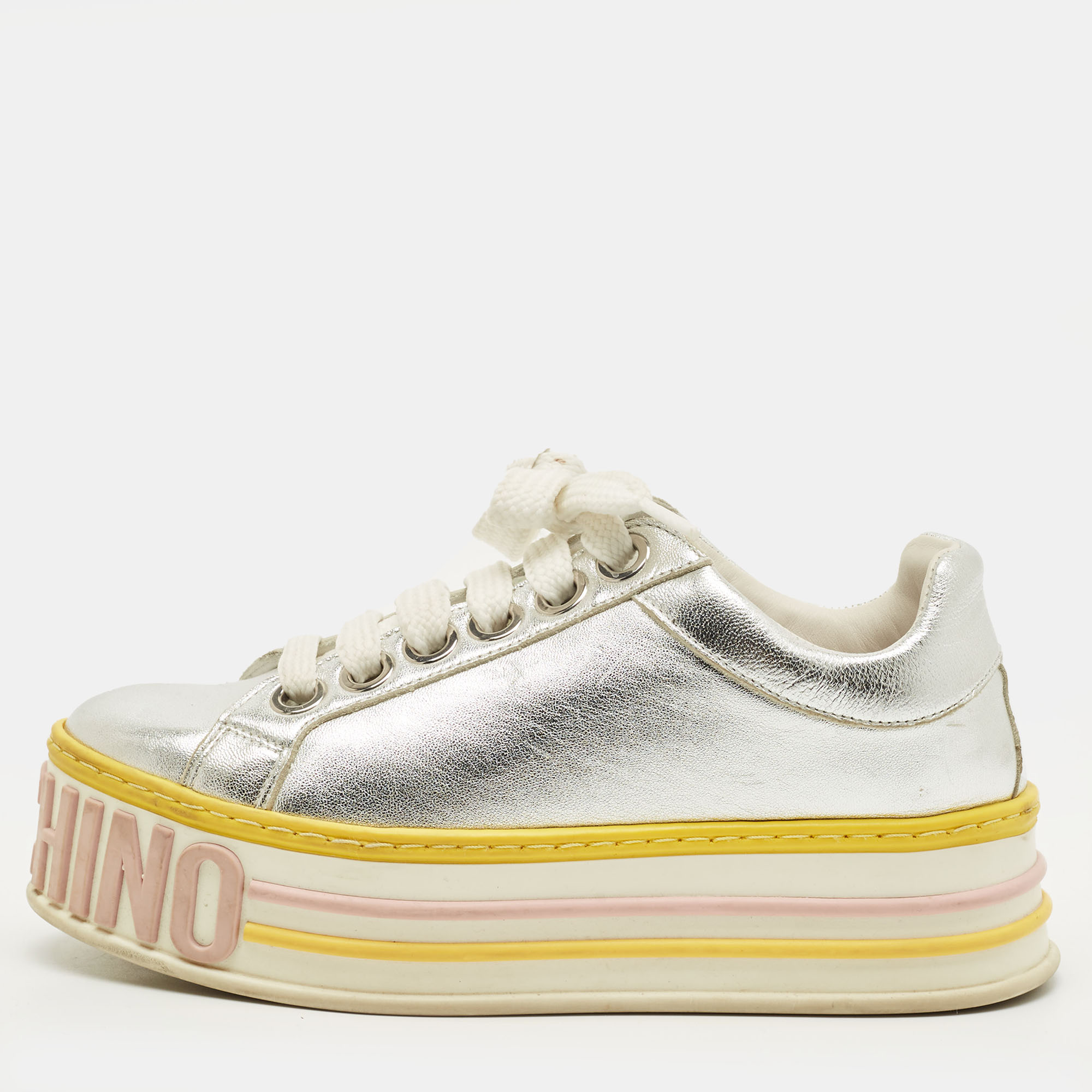 

Moschino Size  Silver Leather Platform Lace Up Sneakers