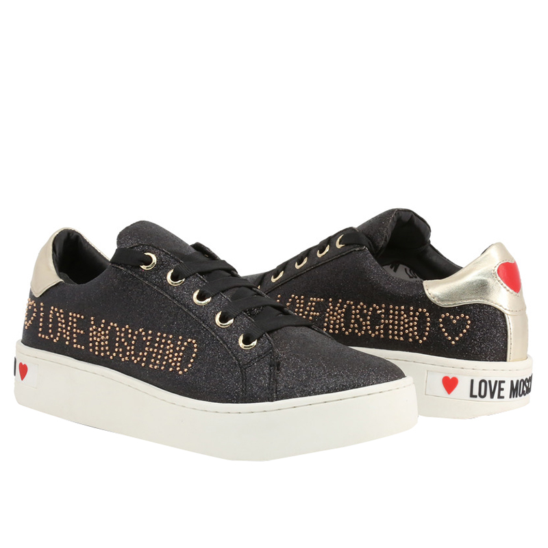 

Love Moschino Black Glitter Fabric Lace Up Sneakers Size