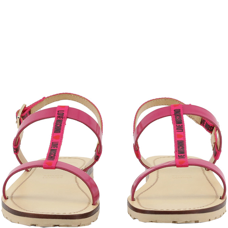 

Love Moschino Beige/Pink Faux Leather Flat Sandals Size