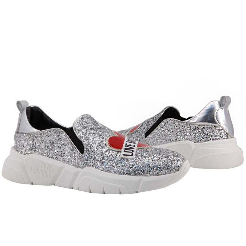 

Love Moschino Metallic Grey Glitter and Faux Leather Slip On Sneakers Size