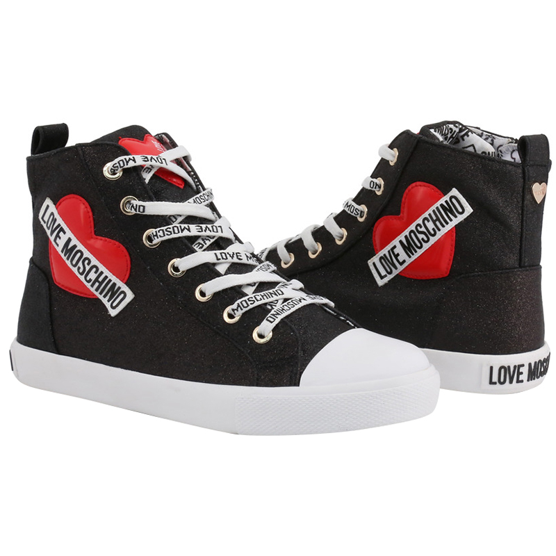 

Love Moschino Black Glitter Faux Leather High Top Sneakers Size