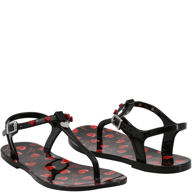 

Love Moschino Black Heart Print Rubber Flat Thong Sandals Size