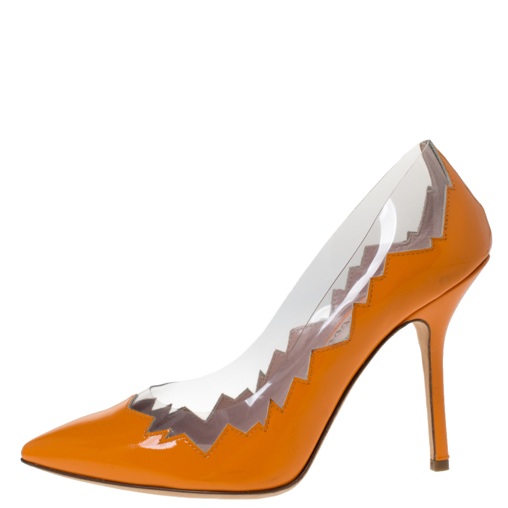 

Moschino Cheap and Chic Orange Patent Leather Laser Cut Pumps Size