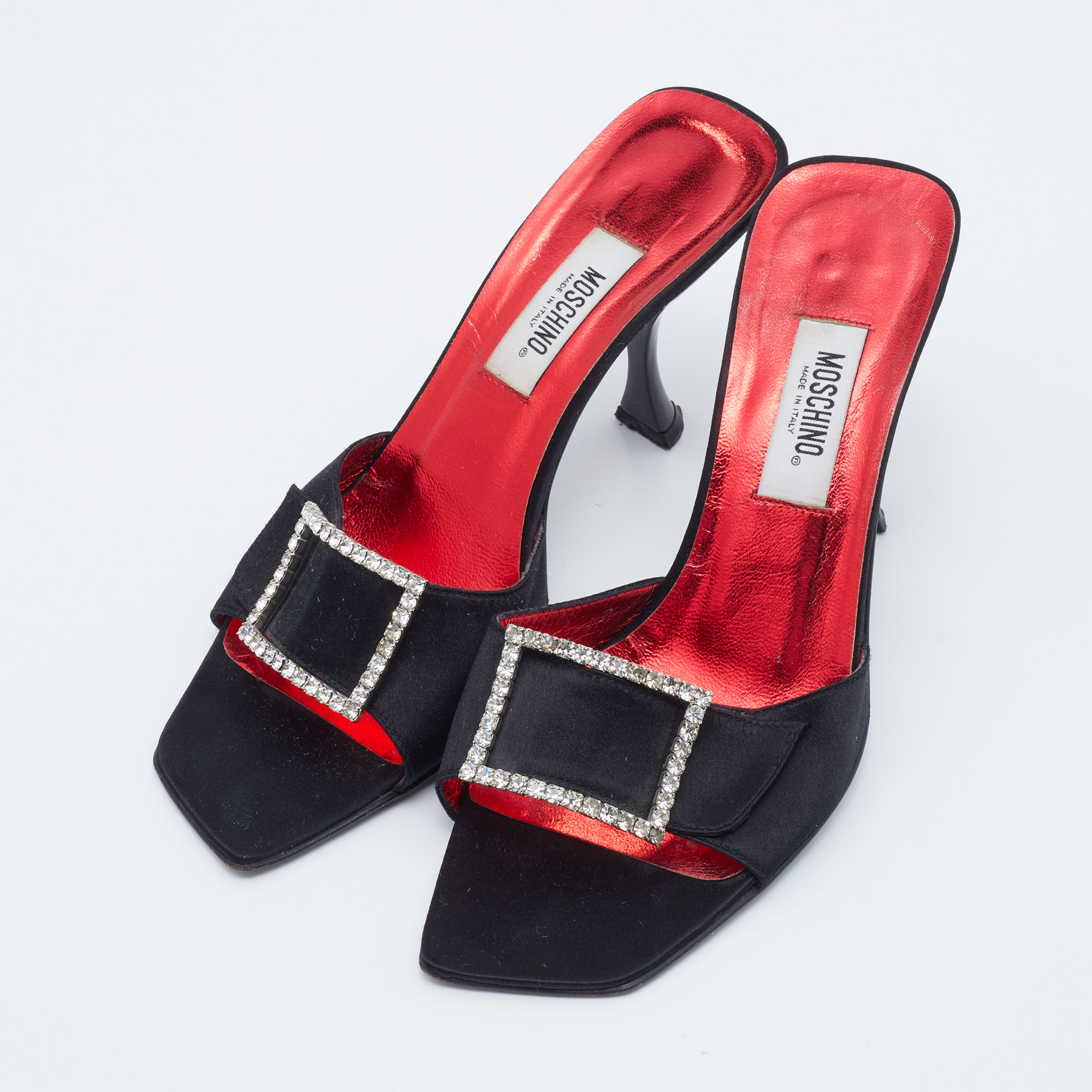 

Moschino Black Satin Crystal Embellished Slide Sandals Size