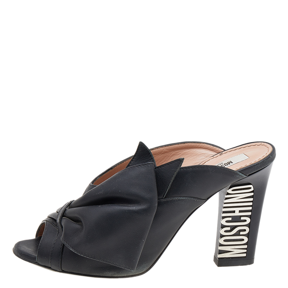 

Moschino Black Leather Knot Detail Mules Size