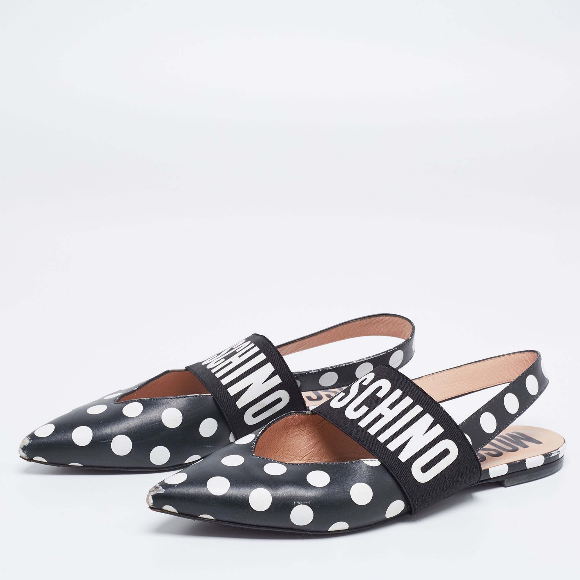 

Moschino Black/White Polka Dot Leather and Logo Elastic Slingback Flats Size