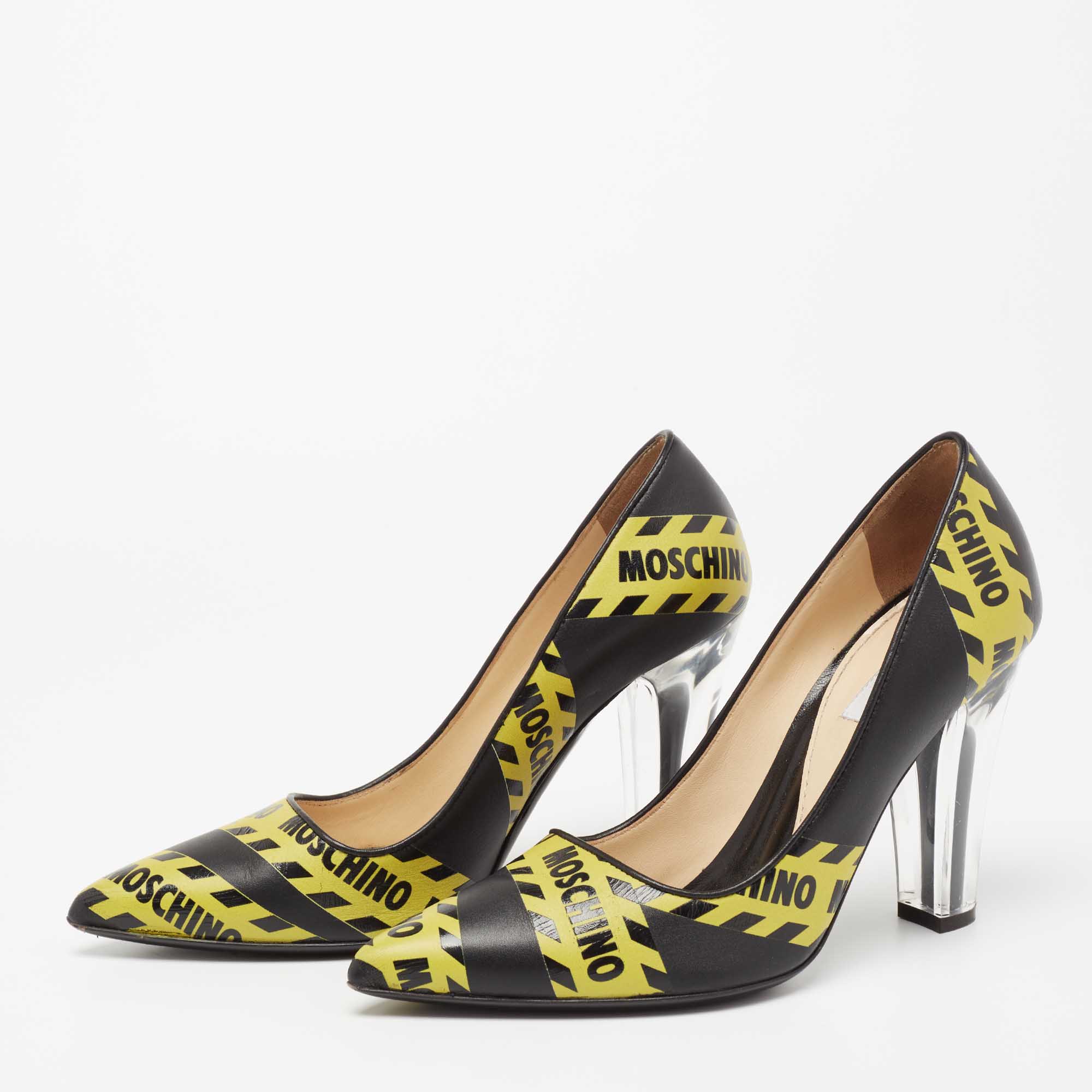 

Moschino Black/Yellow Leather Caution Print Pumps Size