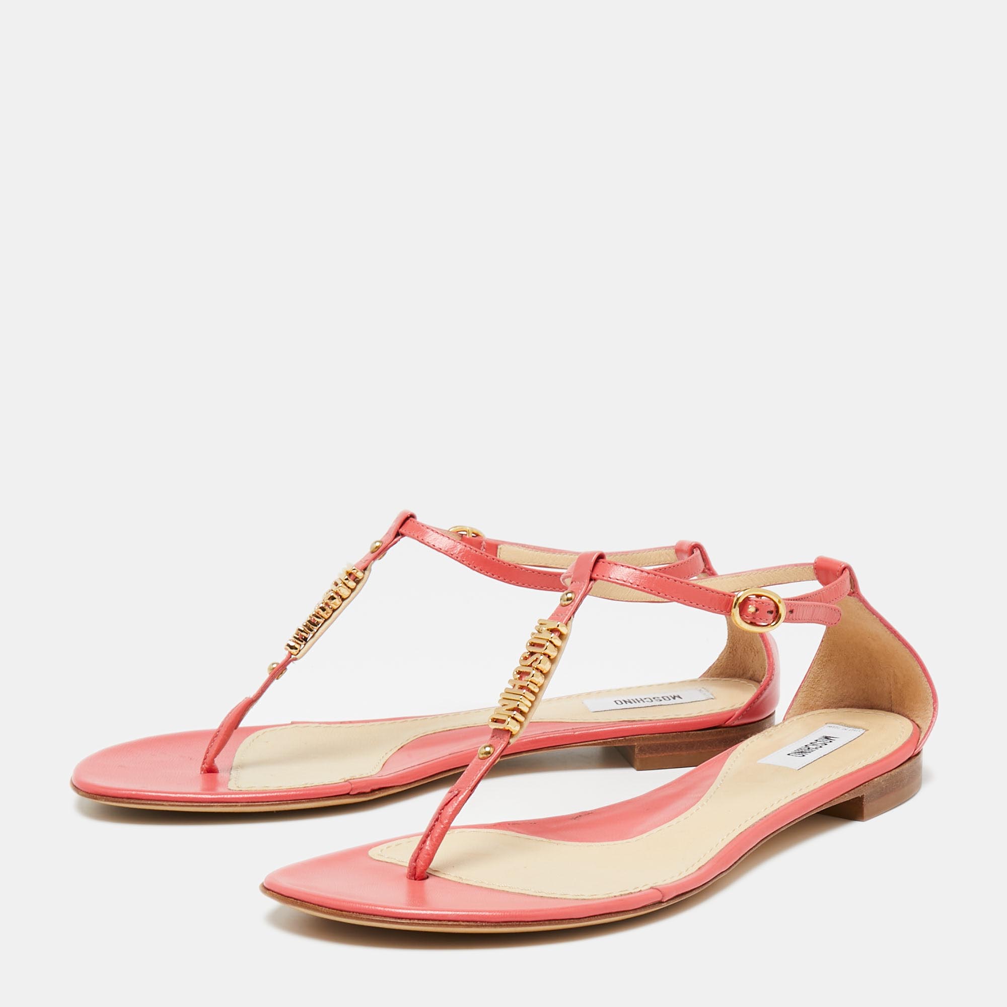 

Moschino Pink Leather Logo Plaque T-Strap Thong Sandals Size