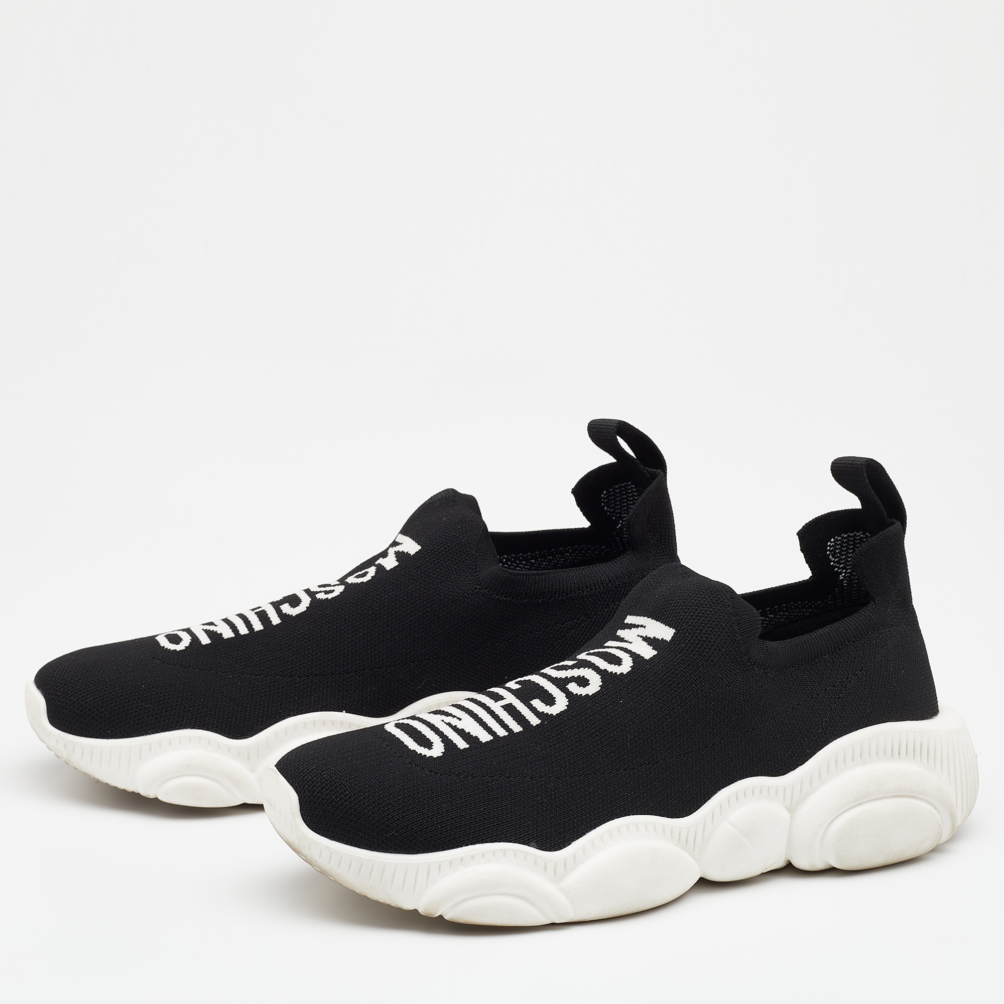

Moschino Black Knit Fabric Logo Slip On Sneakers Size