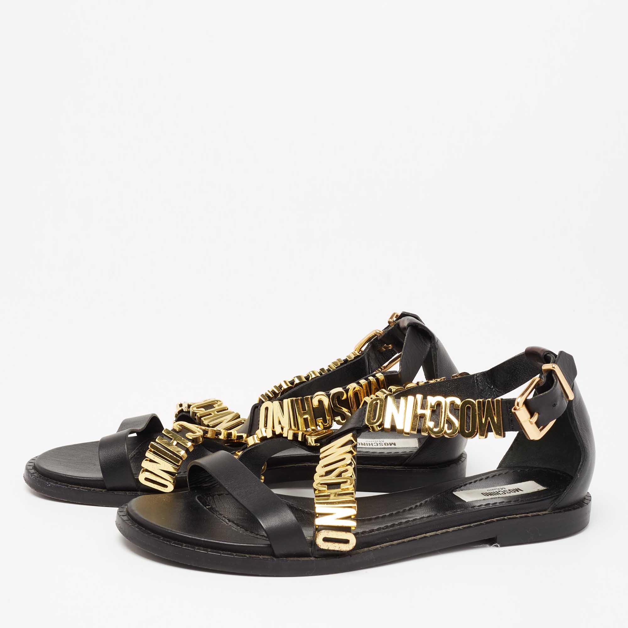 

Moschino Black Leather Logo Print Sandals Size