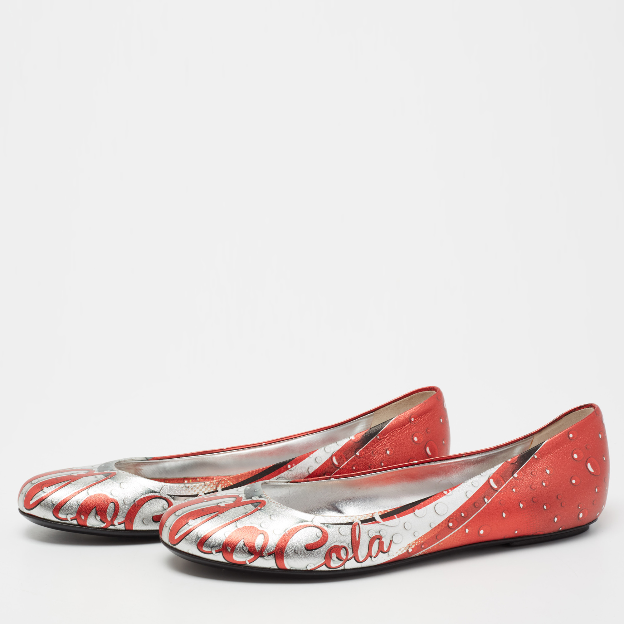 

Moschino Silver/Orange Printed Leather Ballet Flats Size