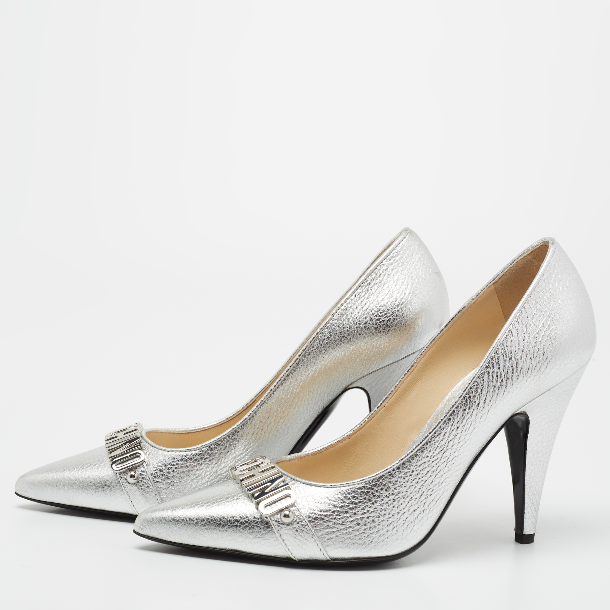 

Moschino Silver Leather Logo Letter Pointed Toe Pumps Size