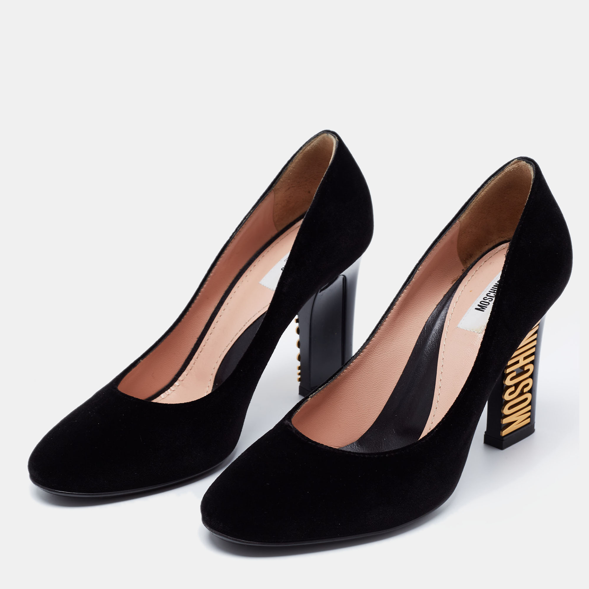 

Moschino Black Velvet Logo Heel Pumps Size