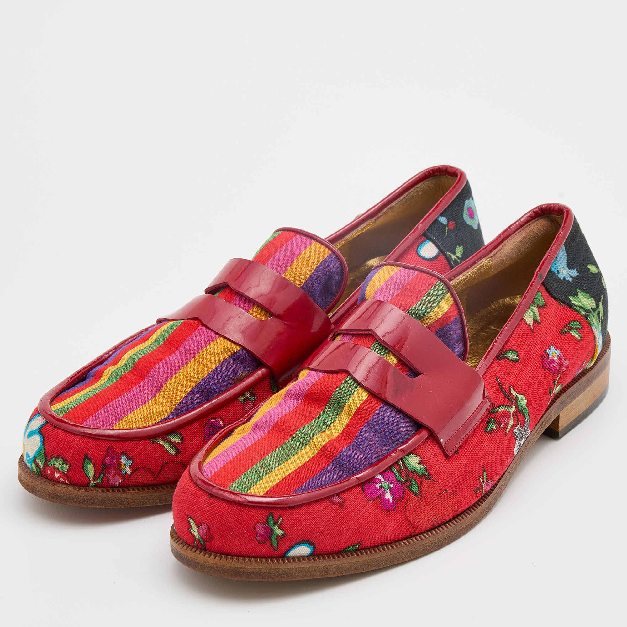 

Moschino Multicolor Canvas and Patent Leather Slip On Loafers Size