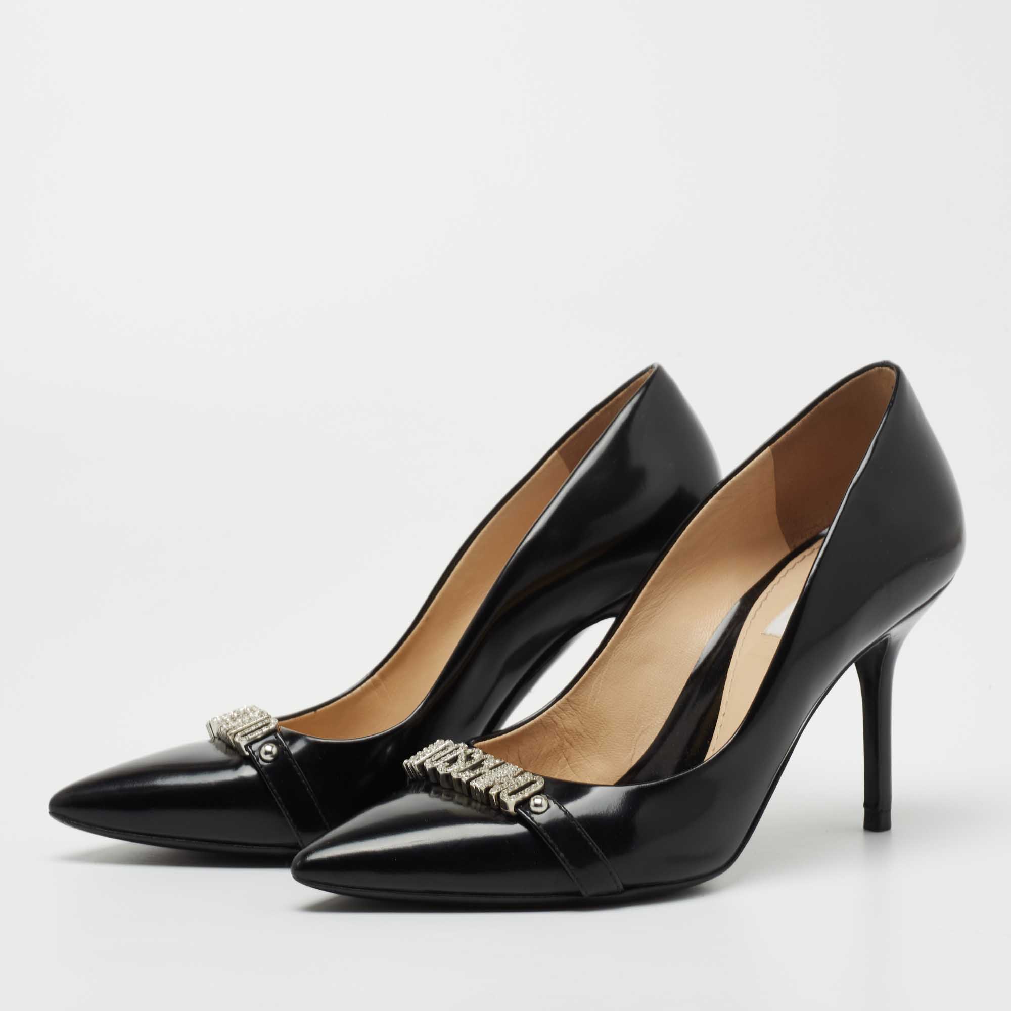 

Moschino Black Leather Embellished Logo Pumps Size