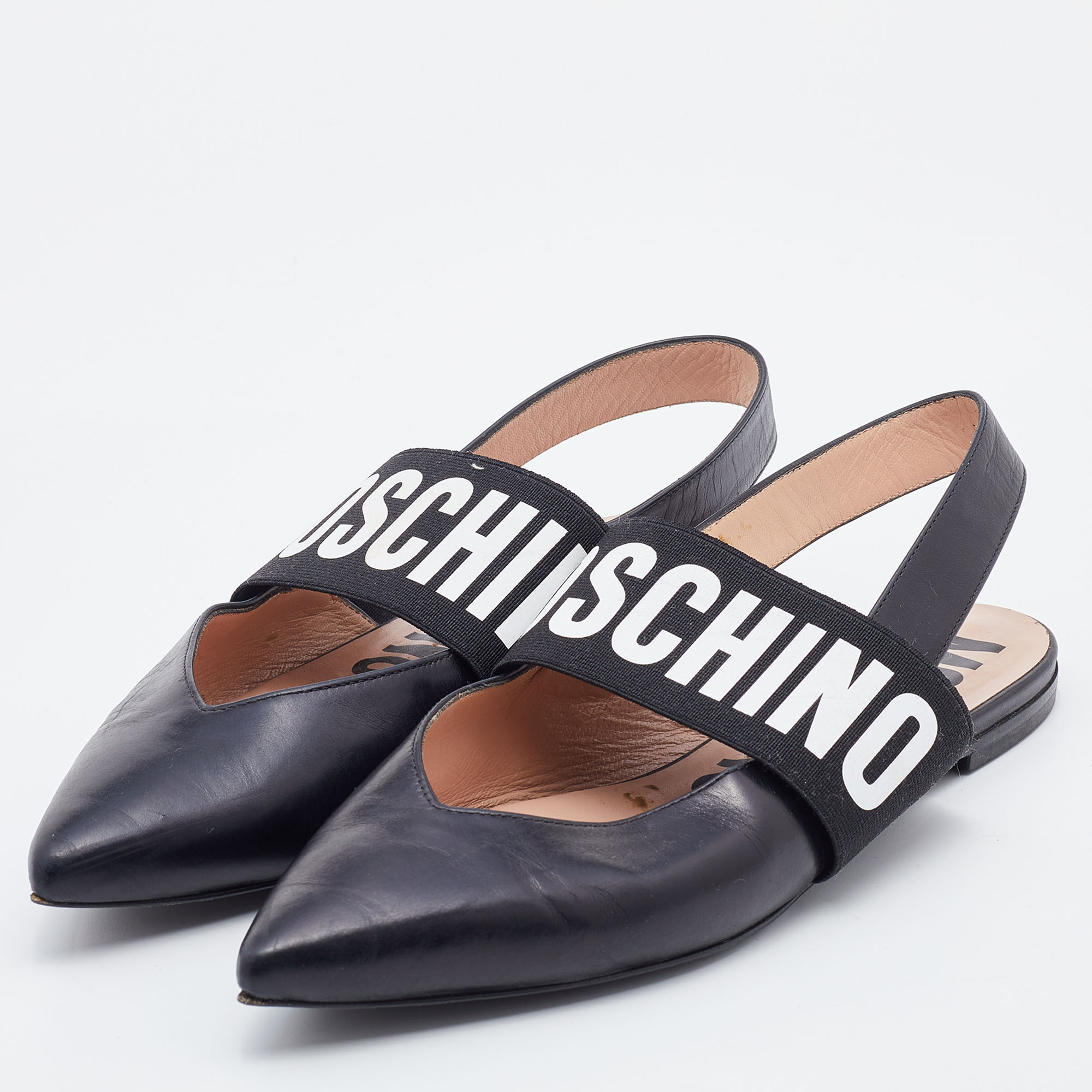 

Moschino Black Leather and Elastic Logo Strap Slingback Flats Size