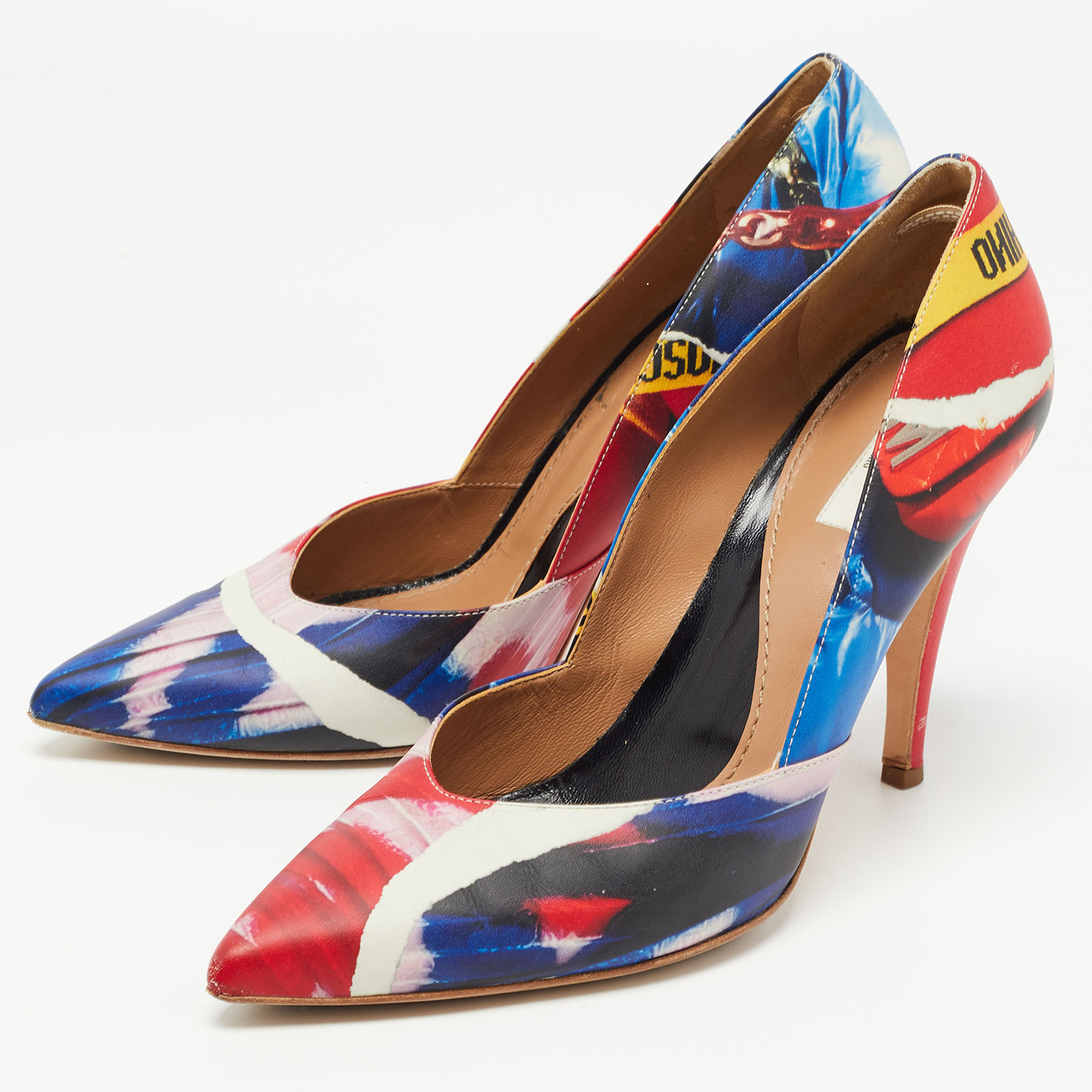 

Moschino Multicolor Printed Leather Pointed Toe Pumps Size