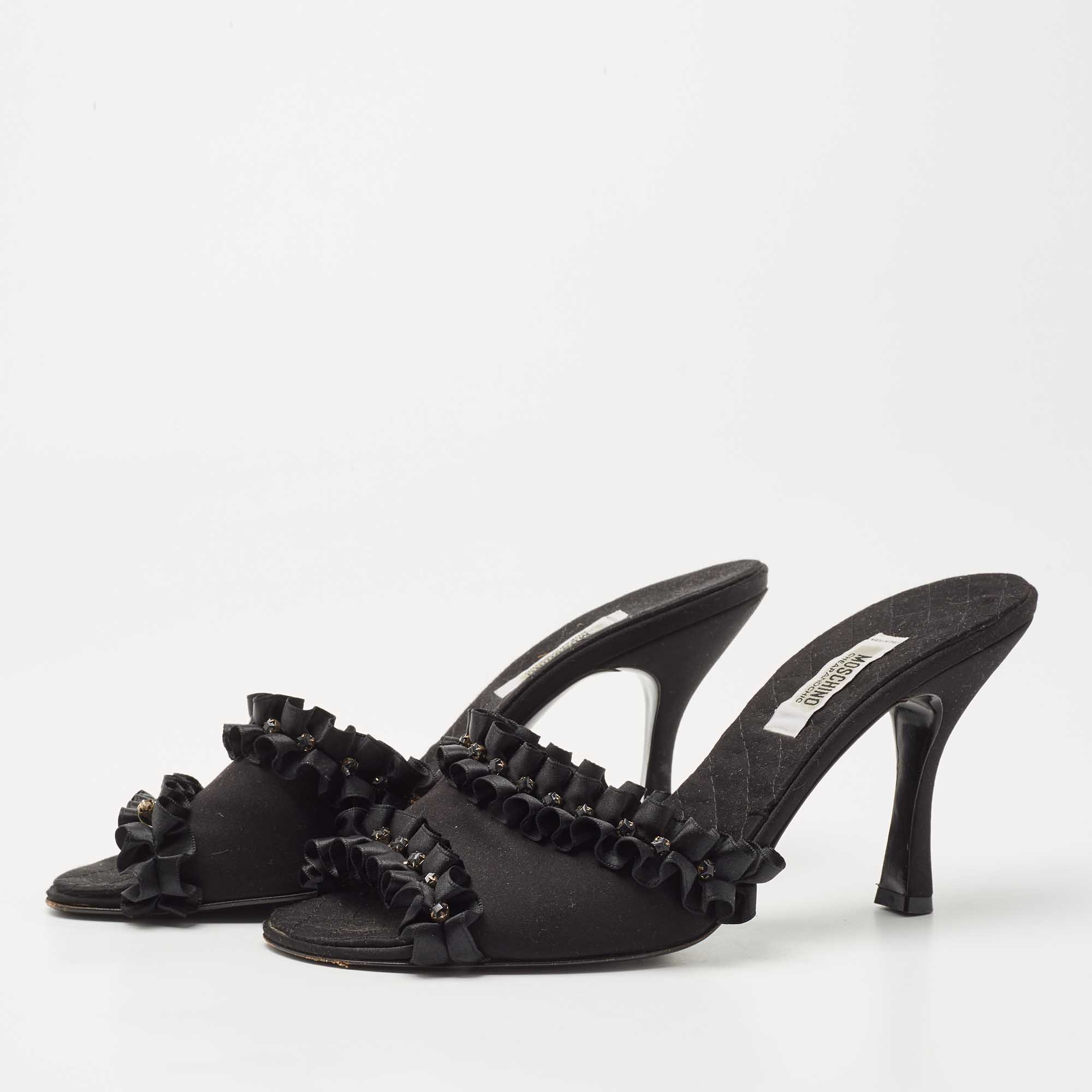 

Moschino Black Satin Crystal Embellished Slide Sandals Size