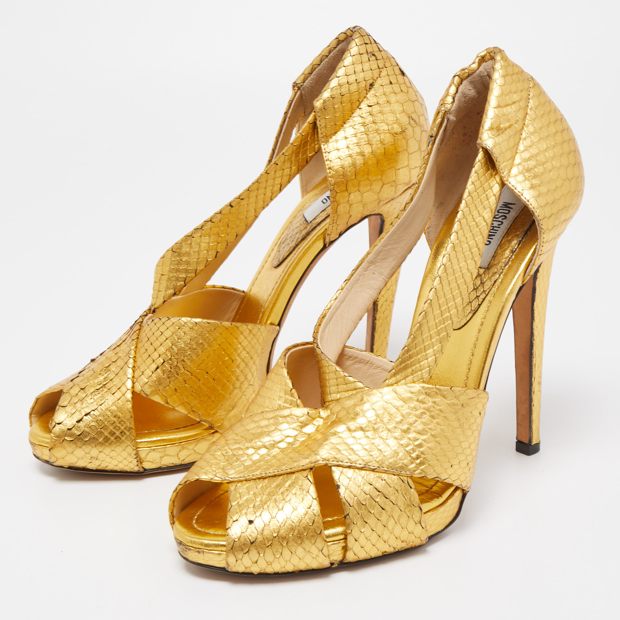 

Moschino Gold Python Embossed Leather Ankle Strap Sandals Size, Metallic