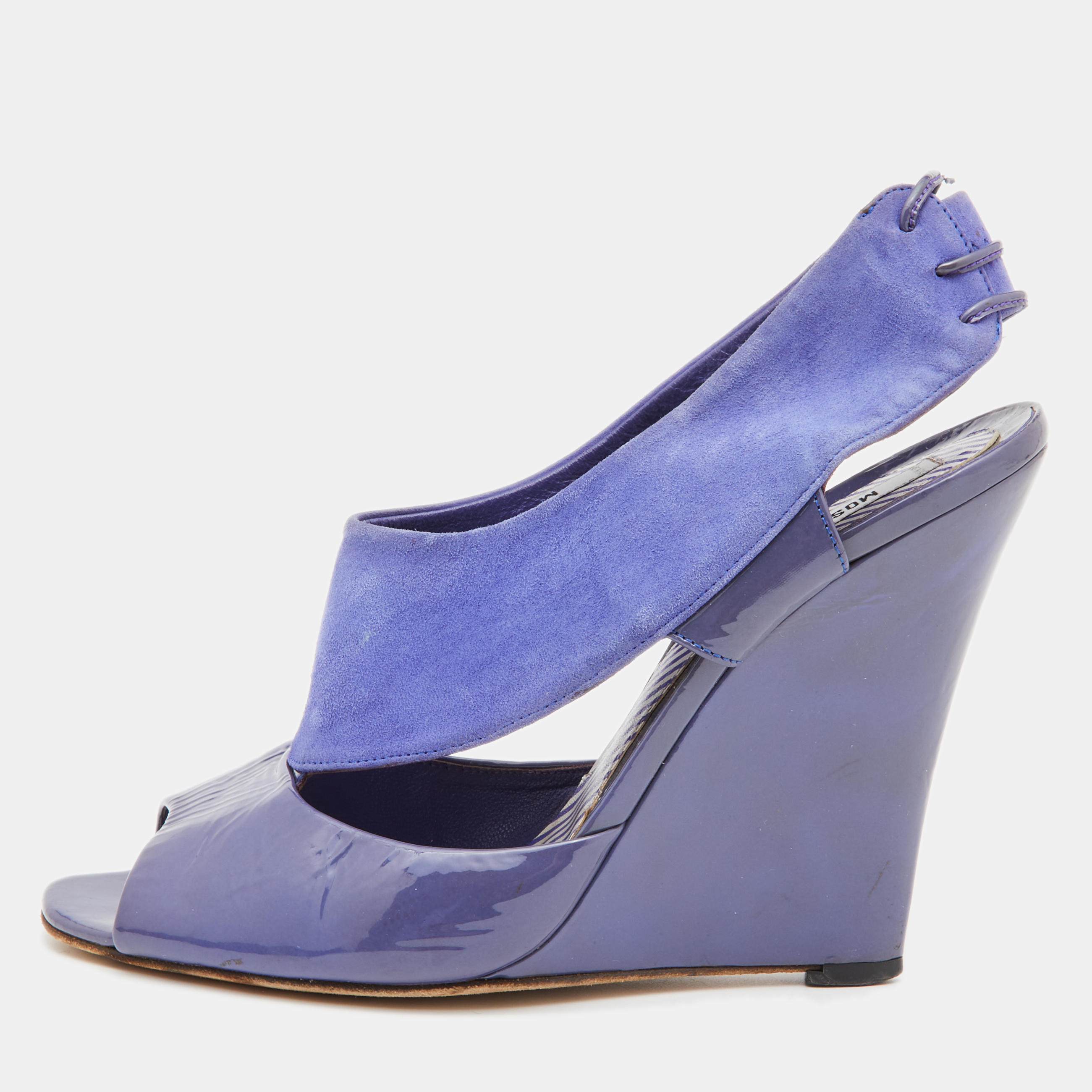 Pre-owned Moschino Blue Suede And Patent Leather Wedge Sandals Size 39