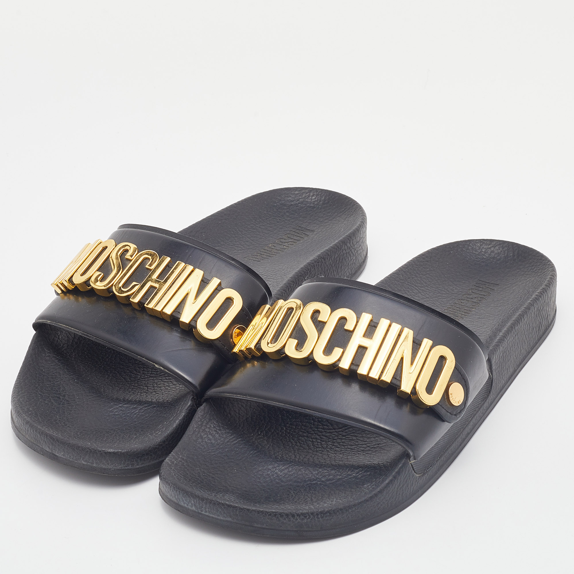 

Moschino Black PVC Lettering Pool Slides Size