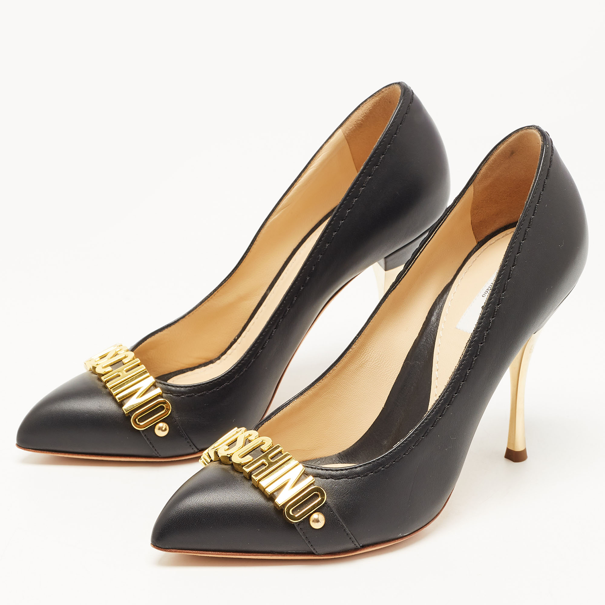 

Moschino Black Leather Logo Letter Pointed Toe Pumps Size