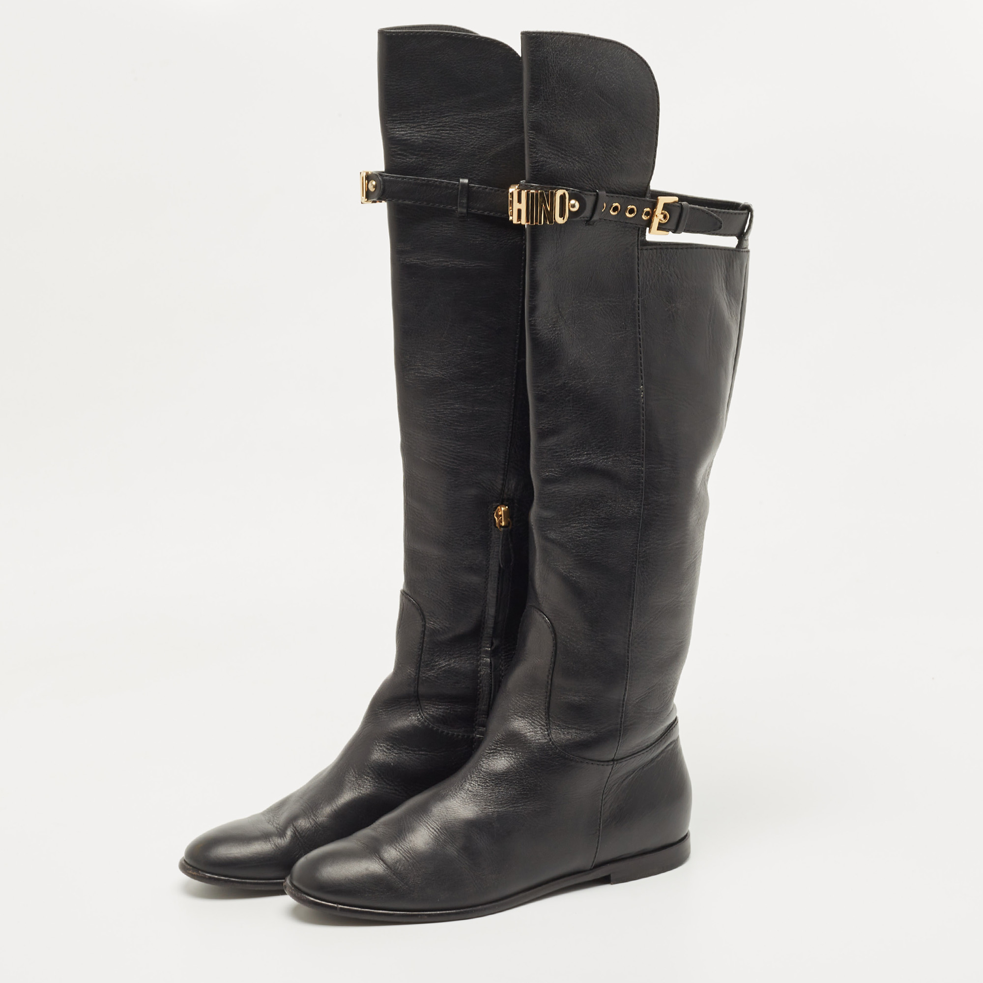 

Moschino Black Leather Logo Knee Length Boots Size