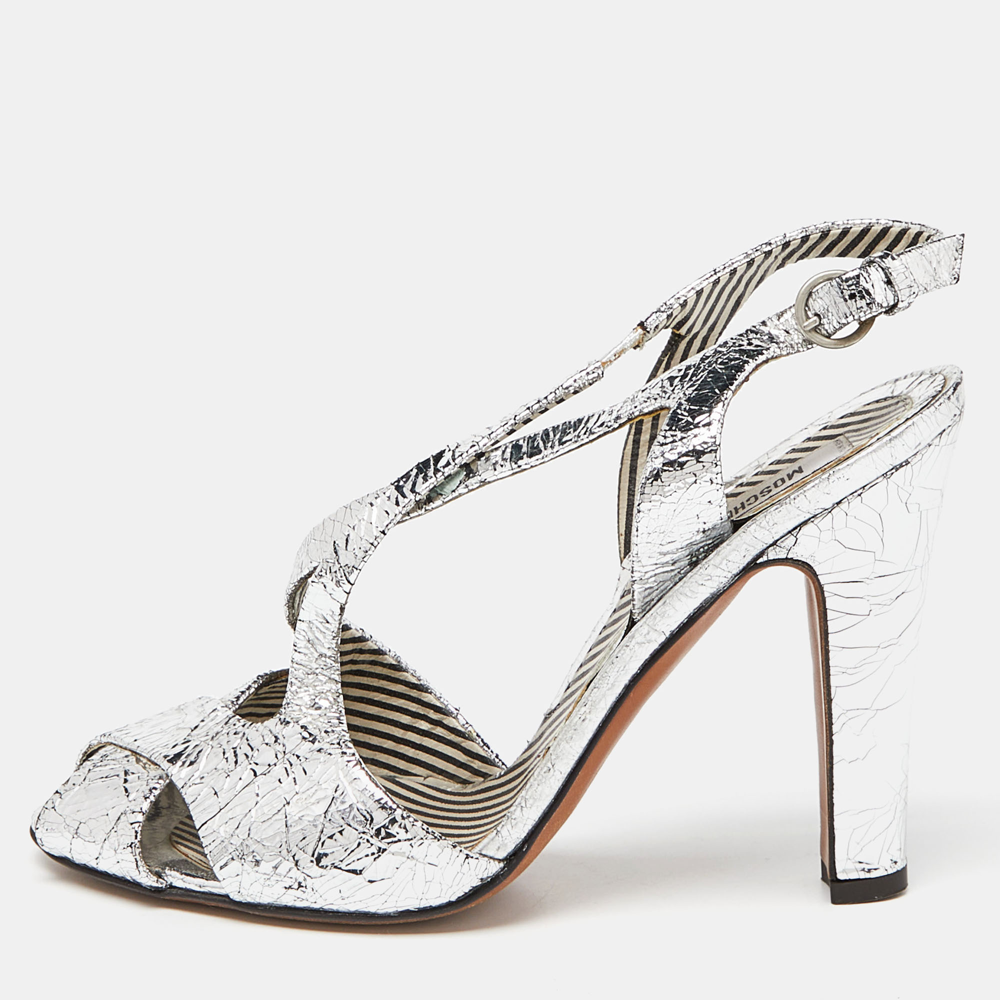 Pre-owned Moschino Silver Crinkled Leather Slingback Sandals Size 38