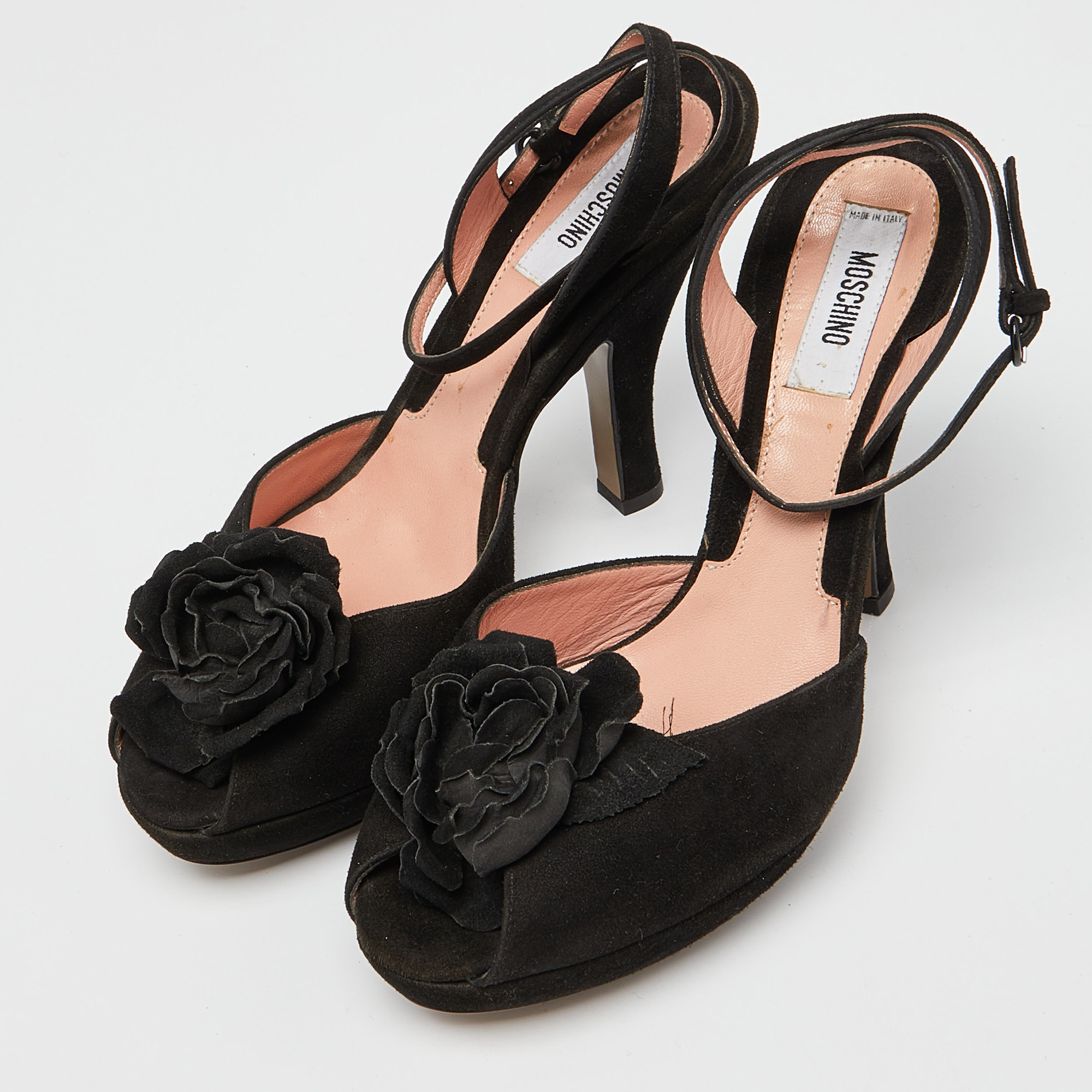 

Moschino Black Suede Flower Applique Ankle Strap Sandals Size