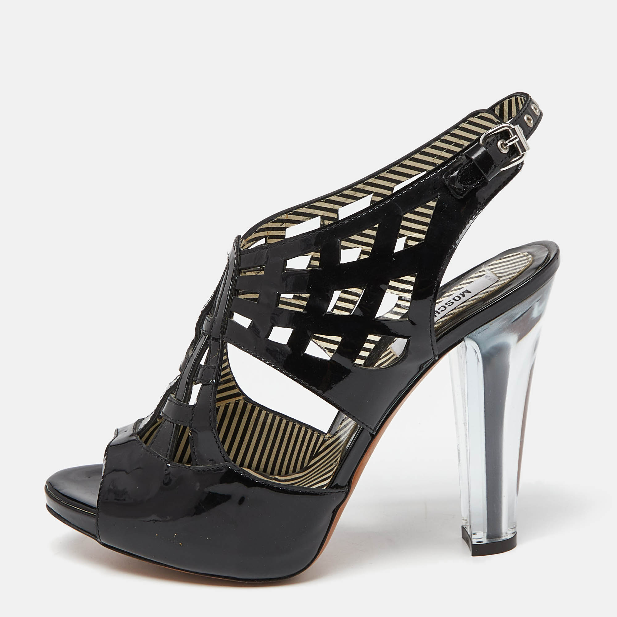 

Moschino Black Patent Leather Caged Slingback Sandals Size