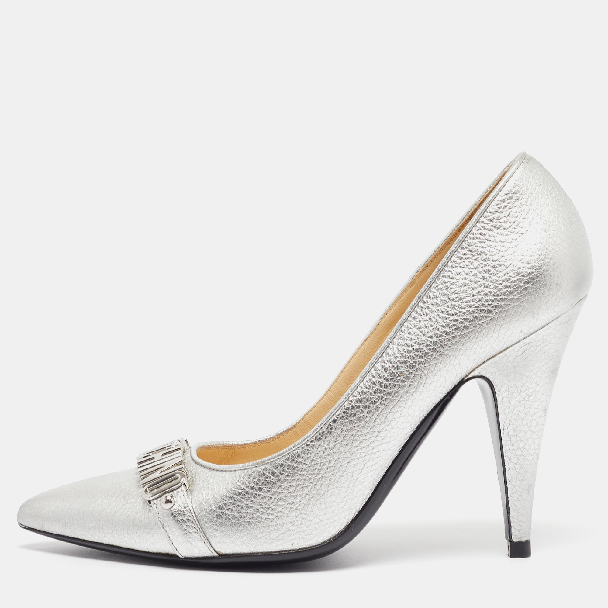 

Moschino Silver Leather Classic Logo Pumps Size