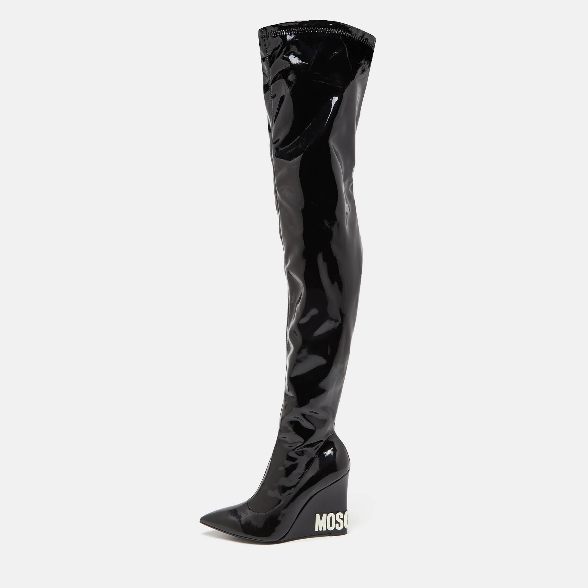 

Moschino Black Leather Patent Over The Kee Length Wedge Boots Size