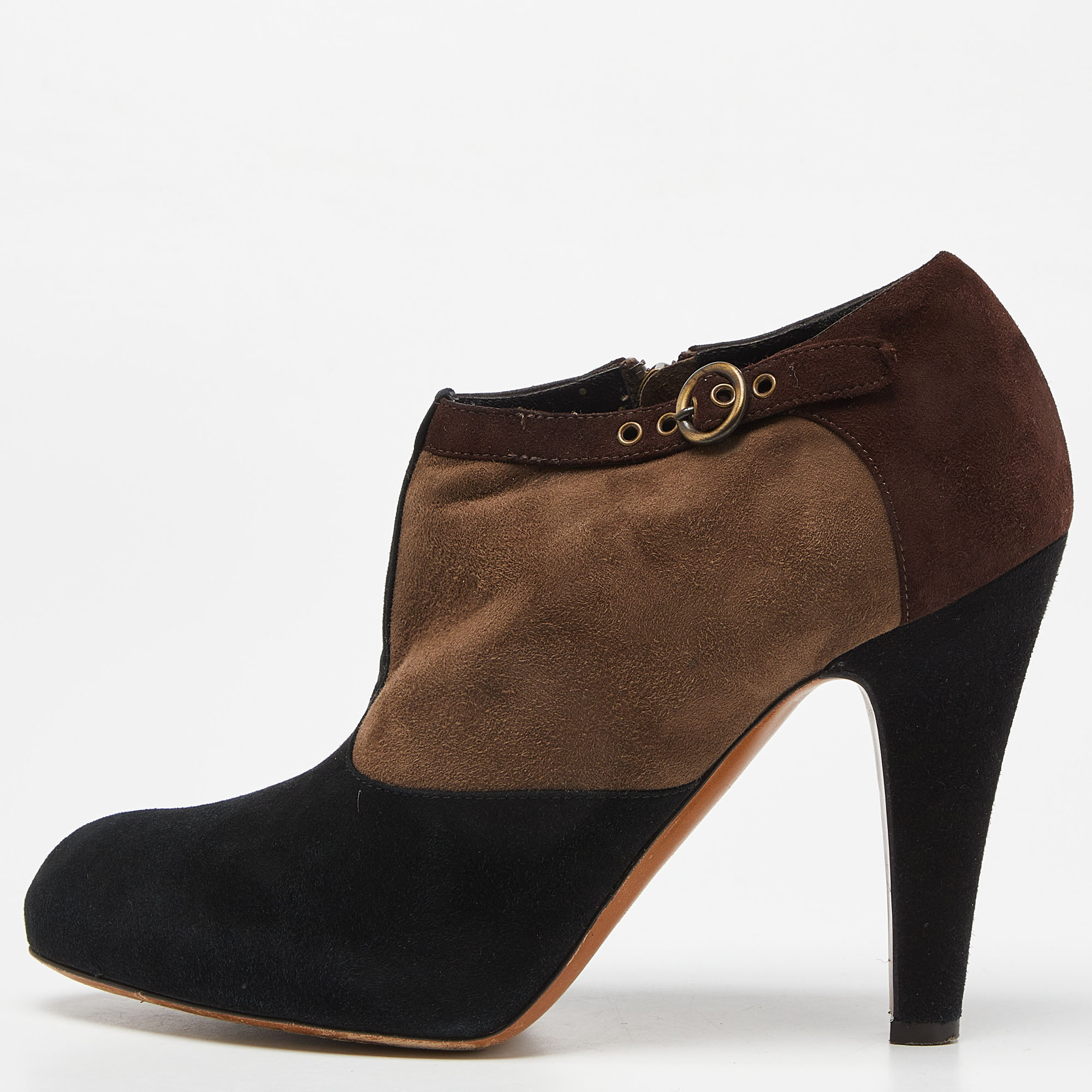 

Moschino Brown/Black Suede Buckle Detail Platform Ankle Booties Size