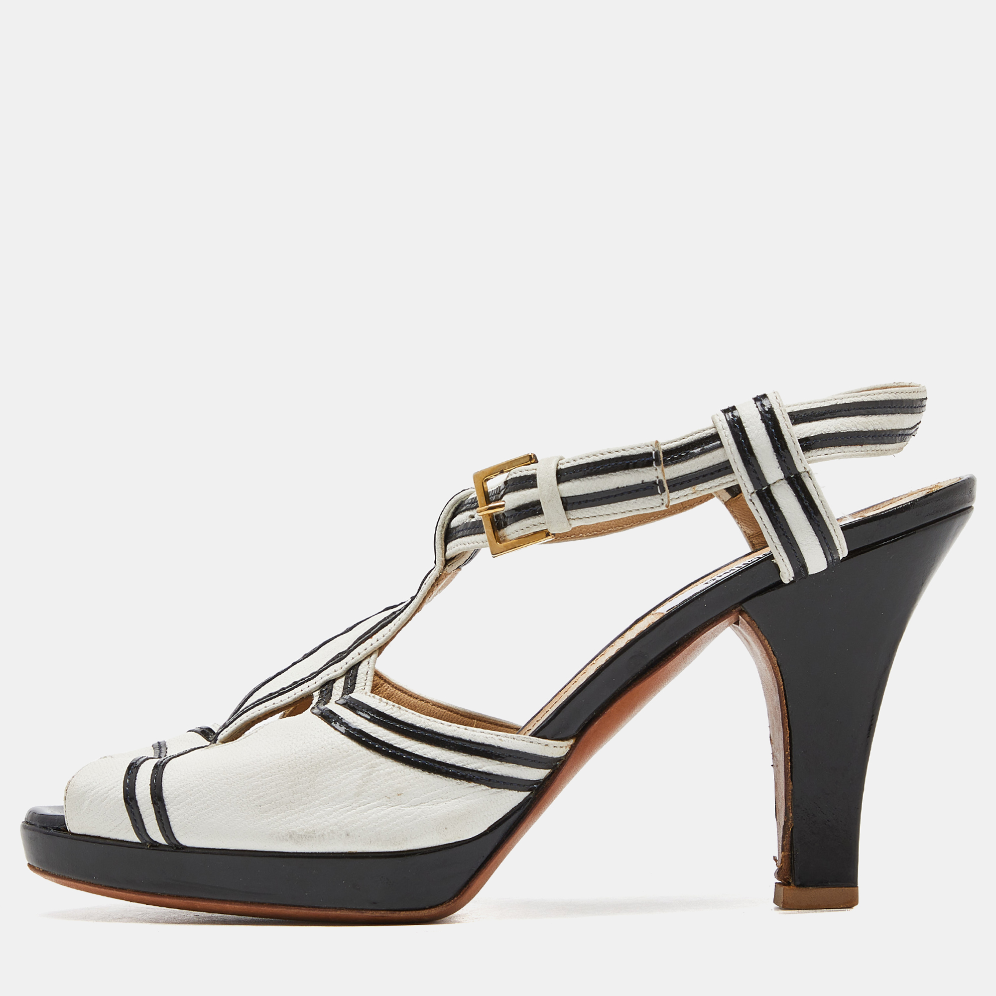 

Moschino White/Black Leather Slingback Sandals Size