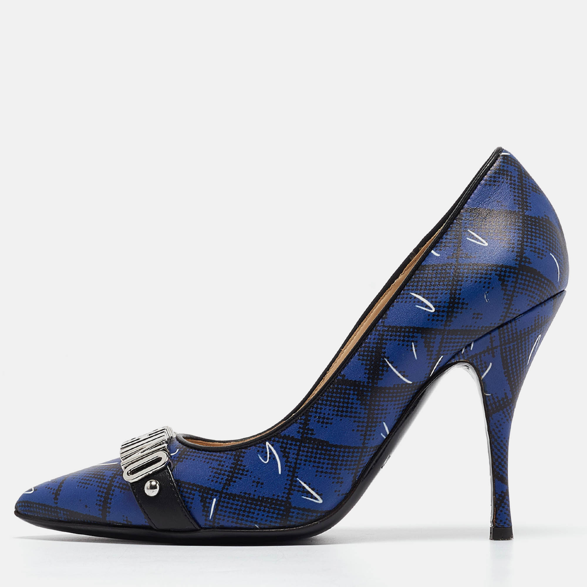 

Moschino Blue Printed Leather Logo Buckle Pointed Toe Pumps Size