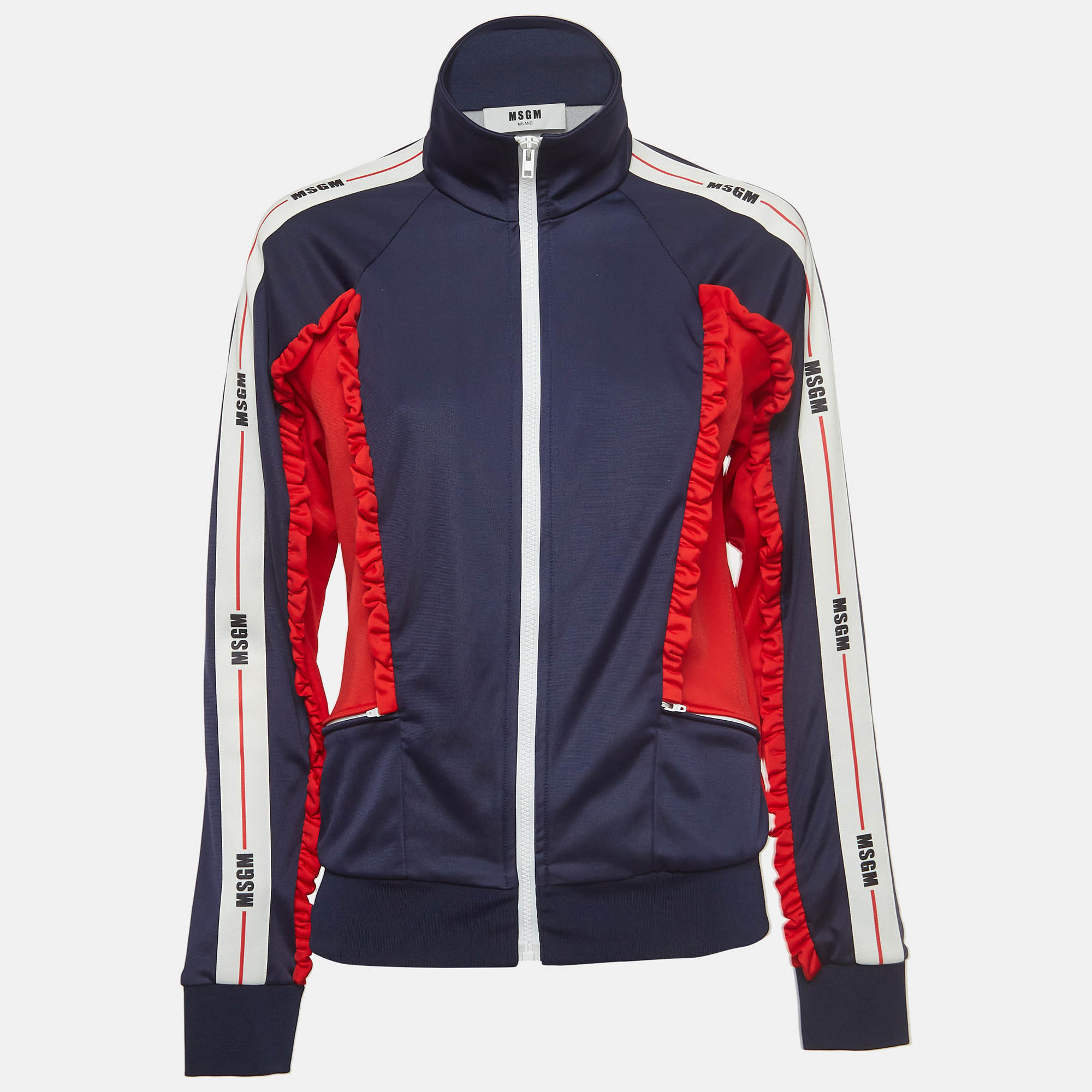 

MSGM Navy Blue/Red Jersey Ruffle Detail Bomber Jacket, Multicolor