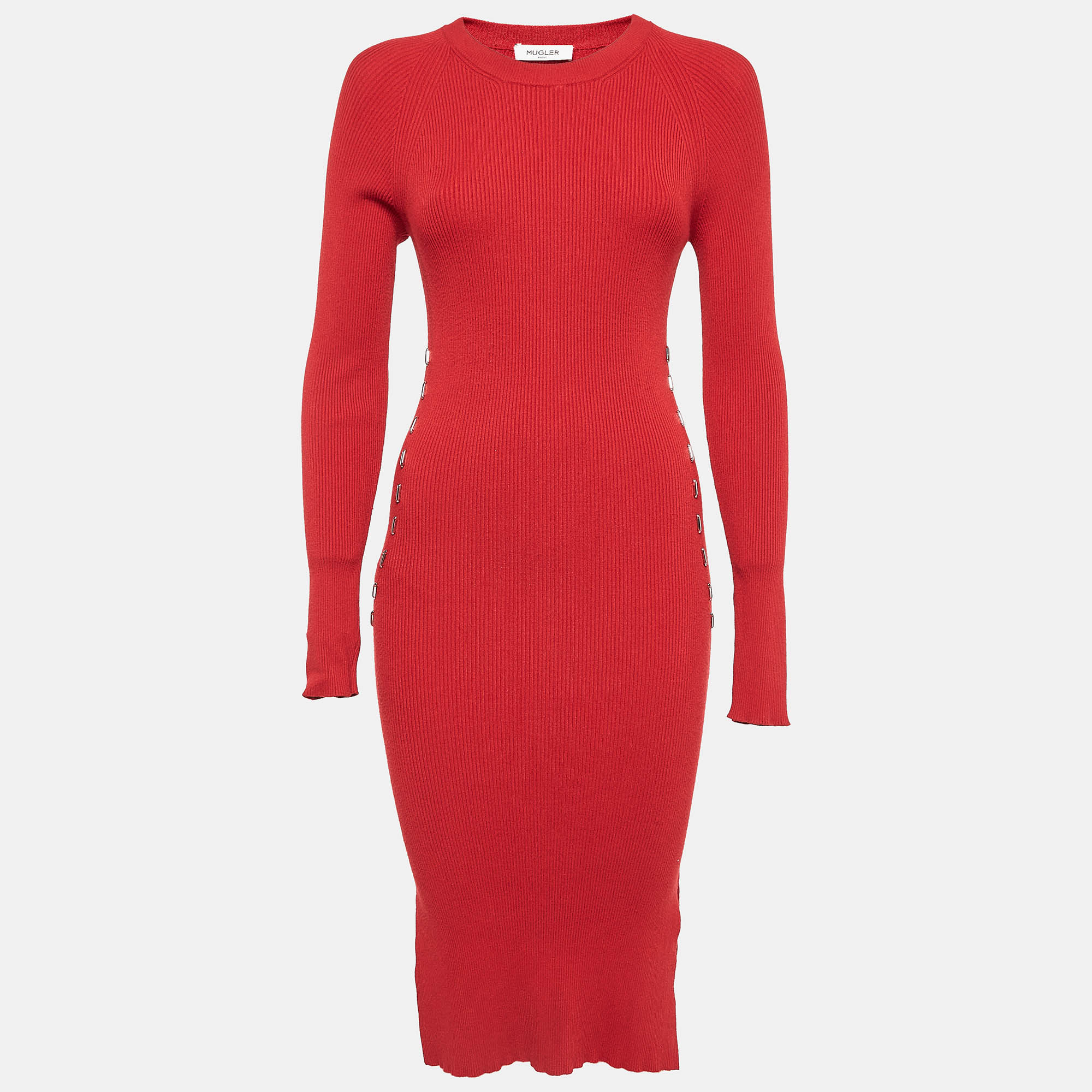 

MUGLER Red Rib Knit Stud Detail Bodycon Dress M