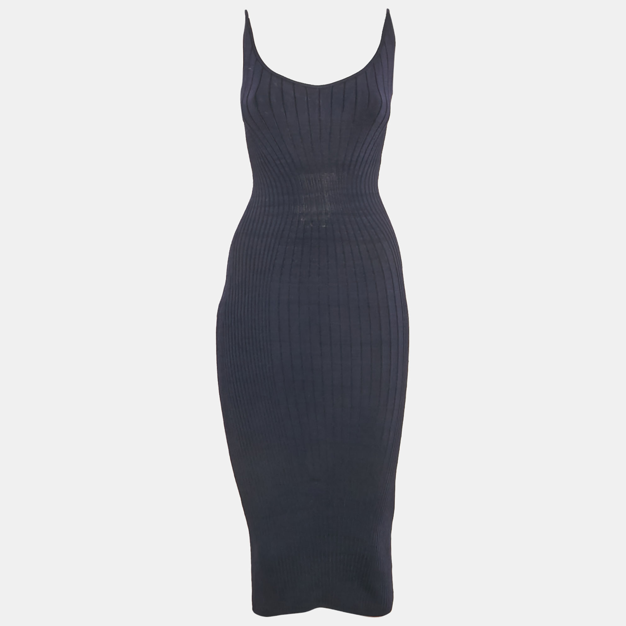 

Mugler Navy Blue Rib Knit Strappy Bodycon Dress S