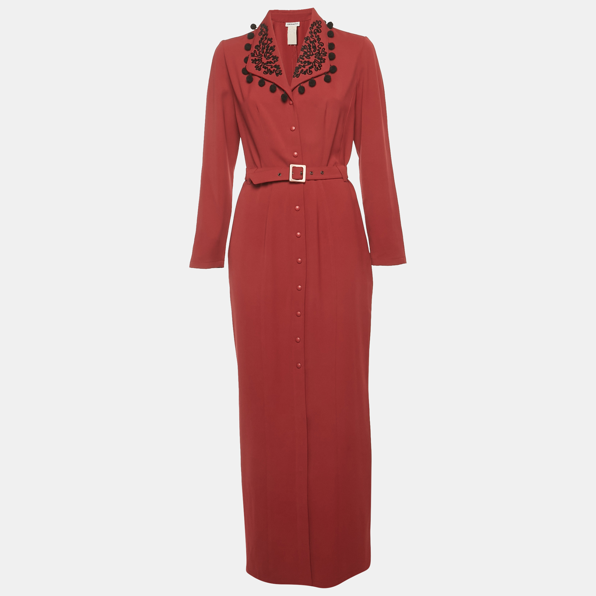 MUGLER Maroon Embroidered Collar Crepe Belted Maxi Dress L