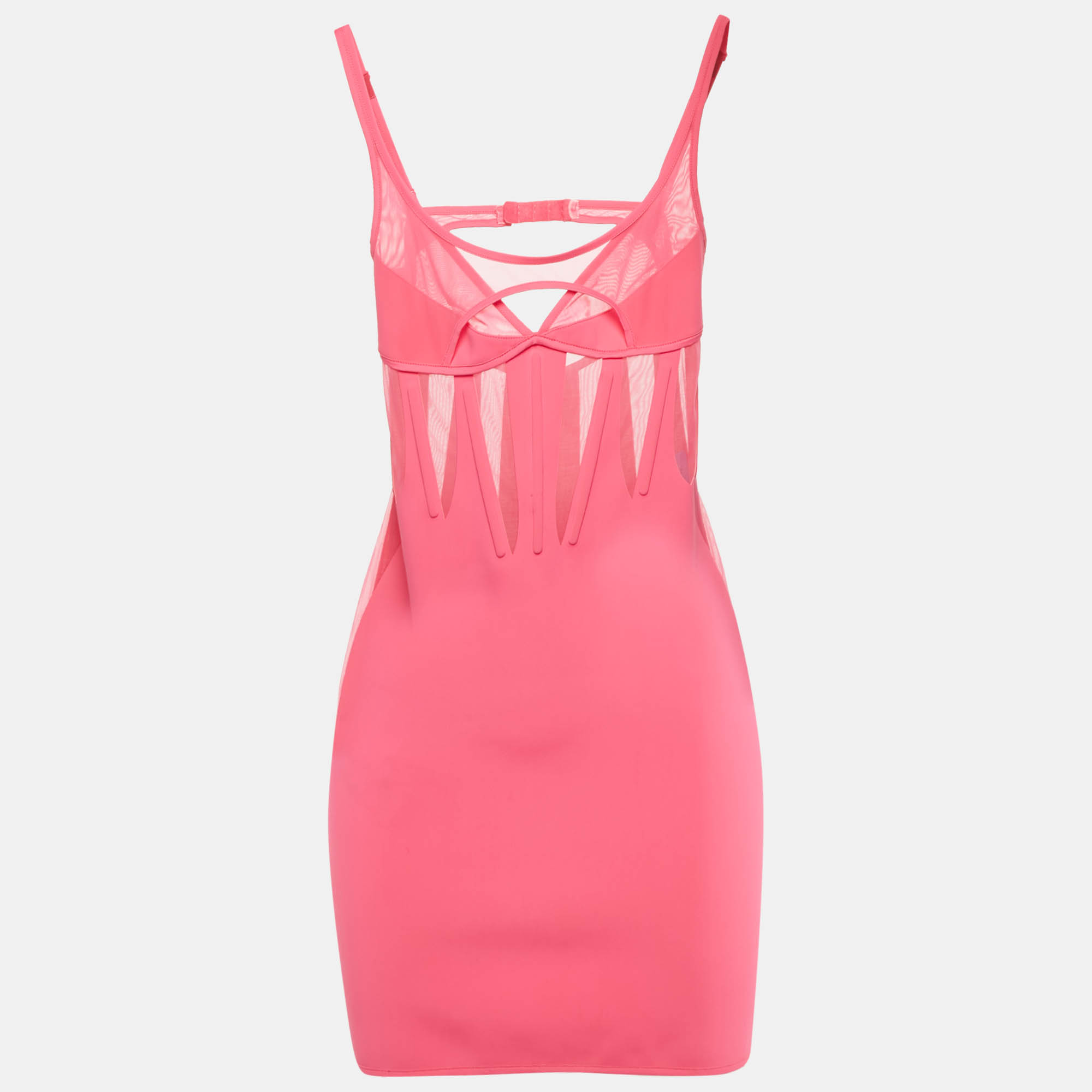 Pre-owned Mugler Pink Techno Jersey Mesh Detailed Mini Corset Dress S