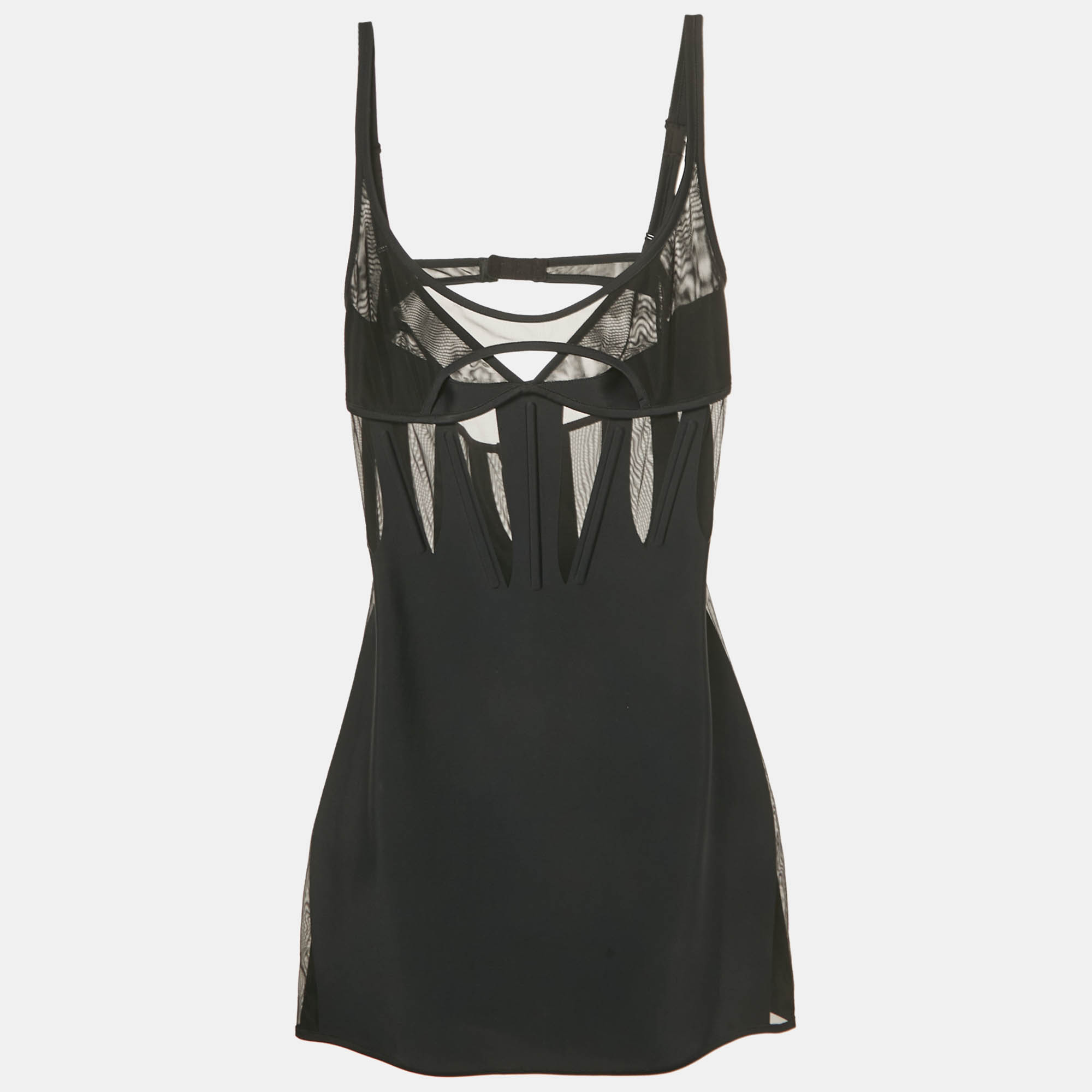 MUGLER Black Stretch Crepe Mesh Cut -Out Detail Corset Mini Dress M