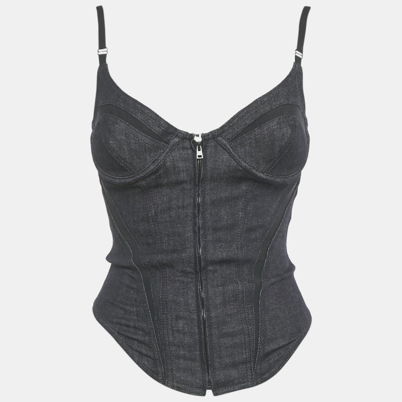 

MUGLER Dark Blue Denim Mesh Detail Corset Top S
