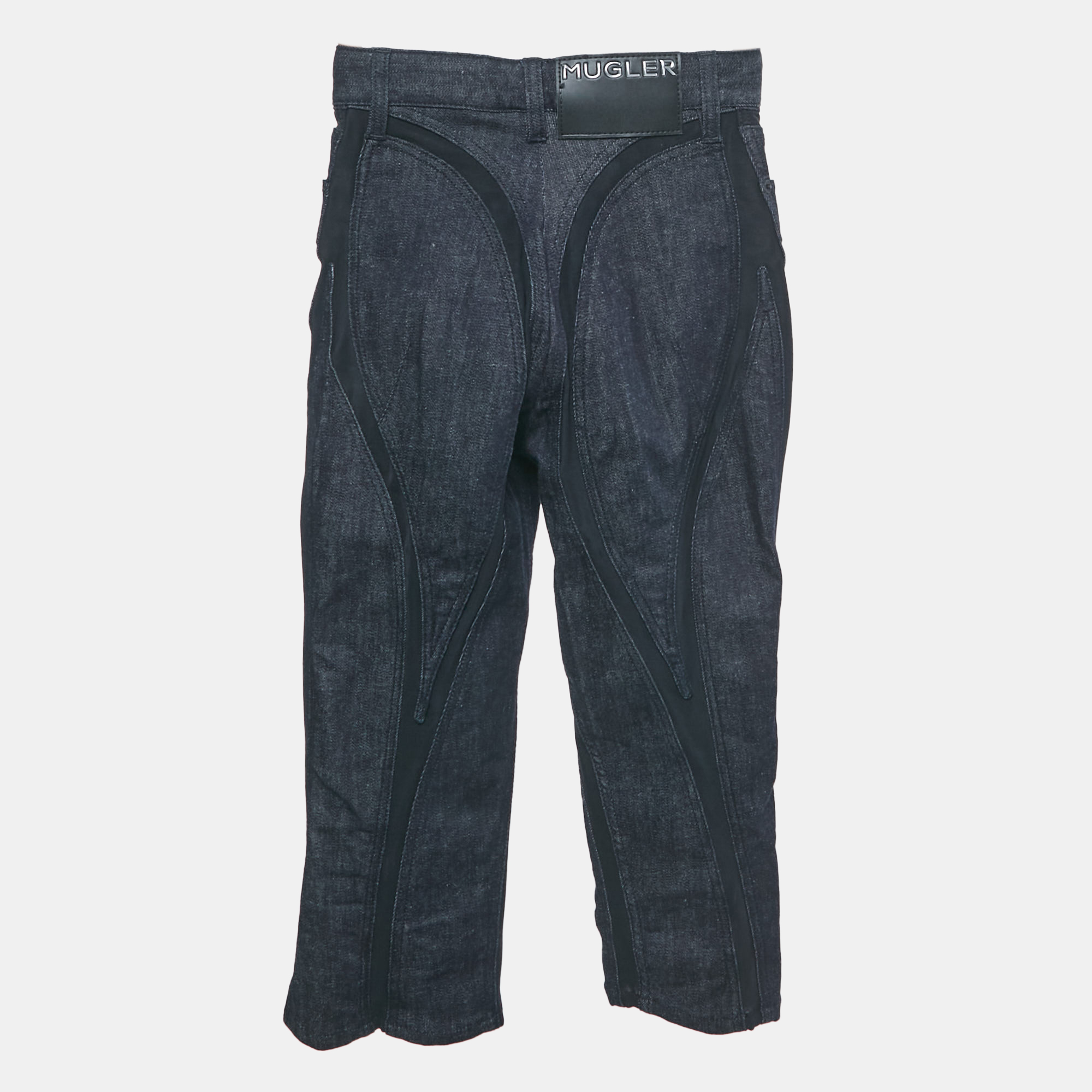 

MUGLER Navy Blue Mesh Trim Denim Capri S