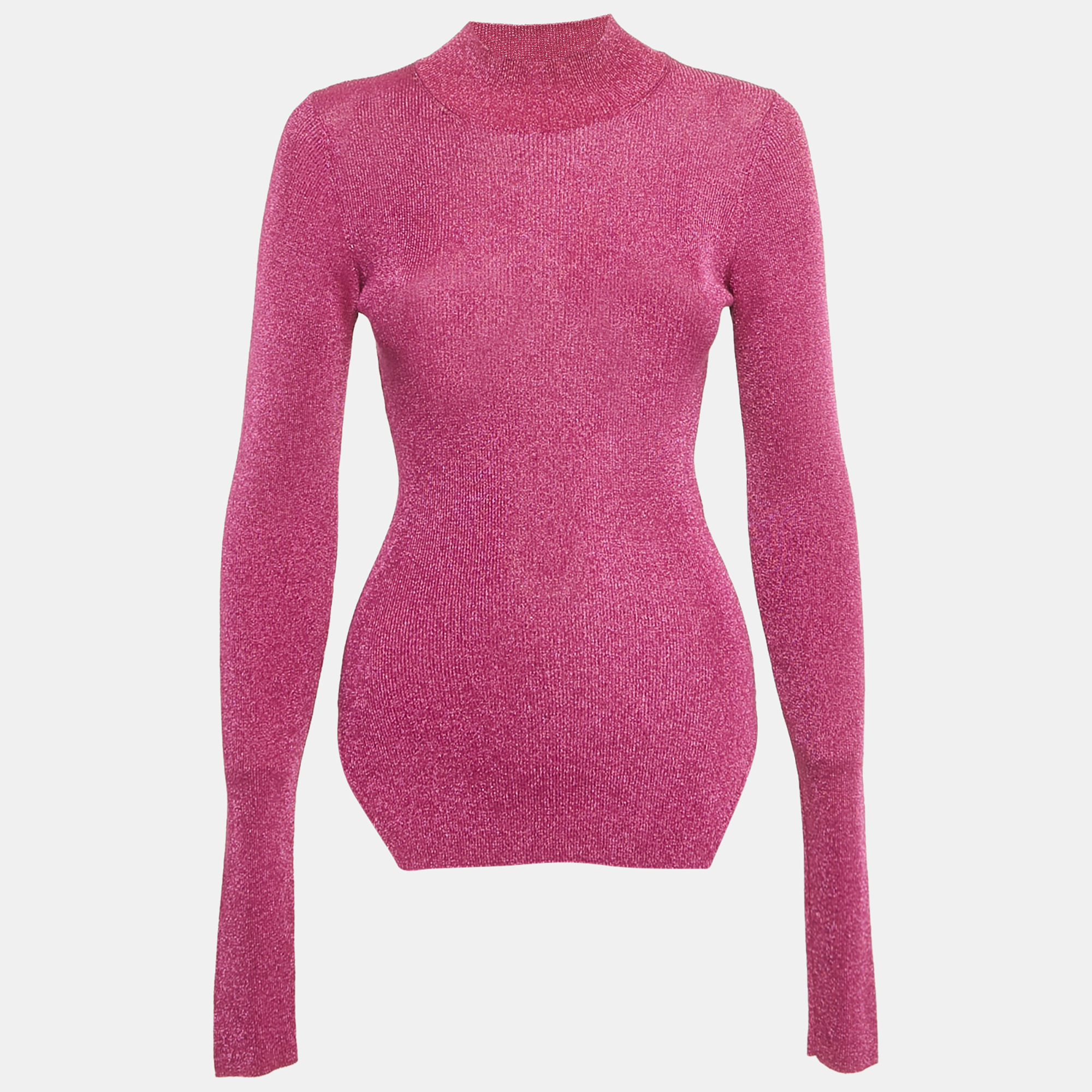 Pre-owned Mugler Pink Lurex Rib Knit Mock Neck Pullover S