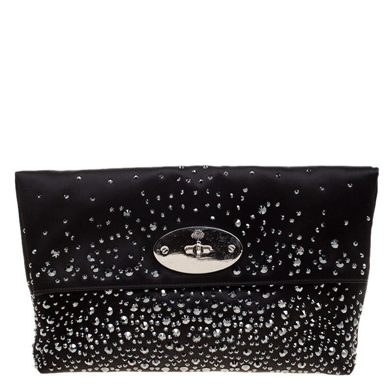 Mulberry Black Satin Embellished Clemmie Foldover Clutch