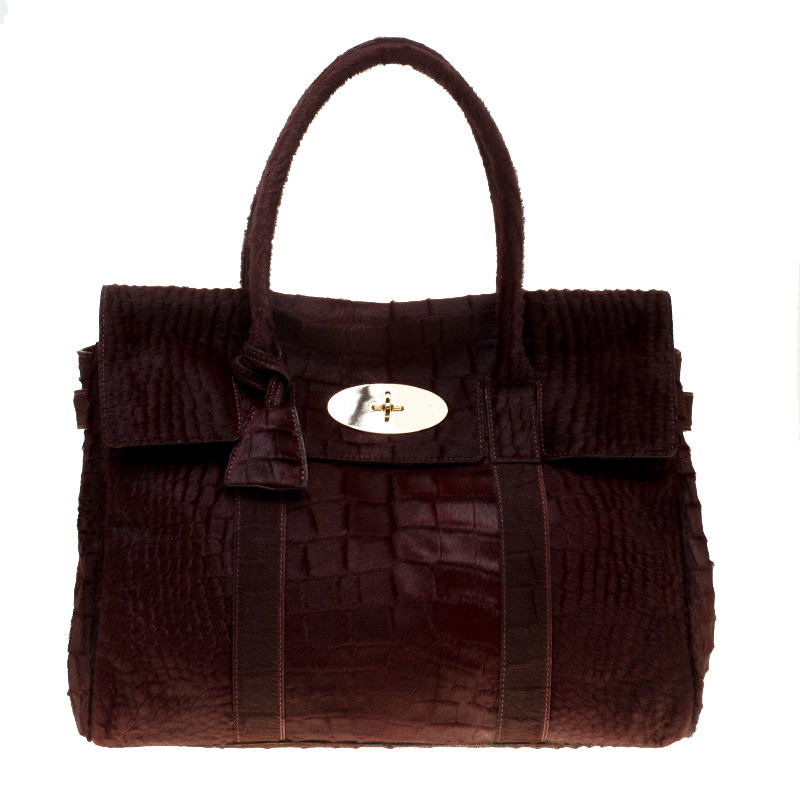 Pre Owned Mulberry Burgundy Croc Embossed Calfhair Bayswater Satchel