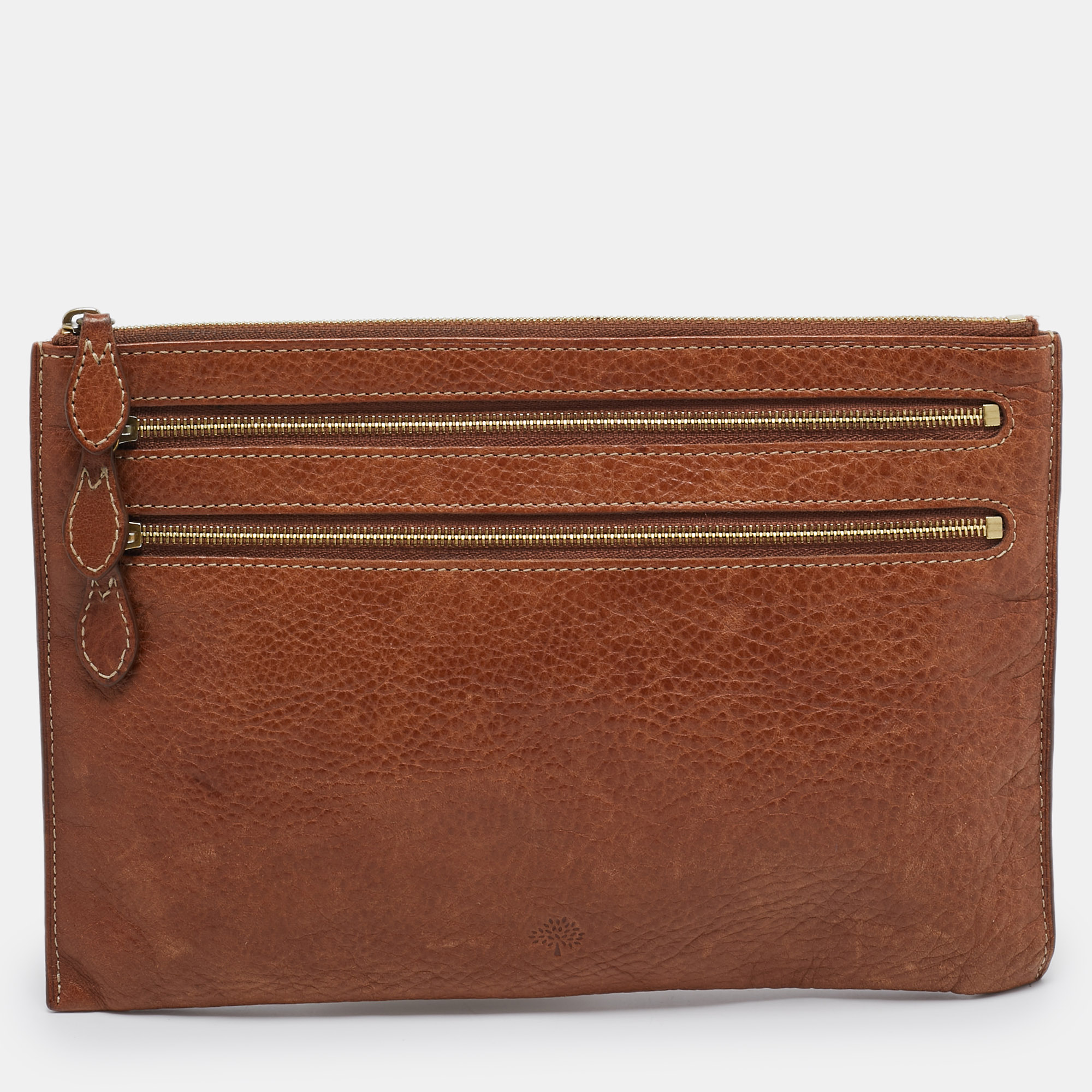 

Mulberry Brown Leather Multi Zip Slim Pouch, Cream