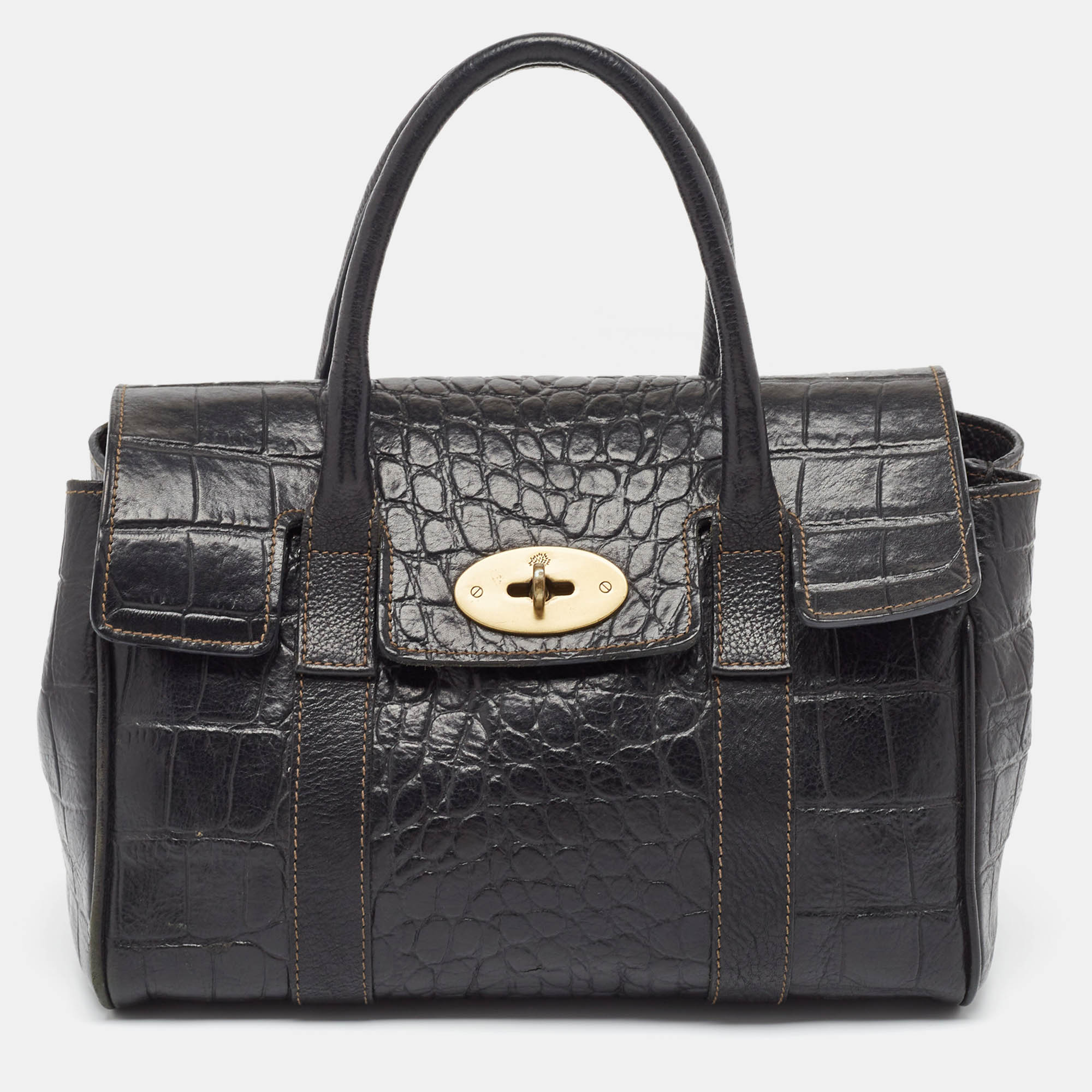 

Mulberry Black Croc Embossed Leather Small Bayswater Satchel